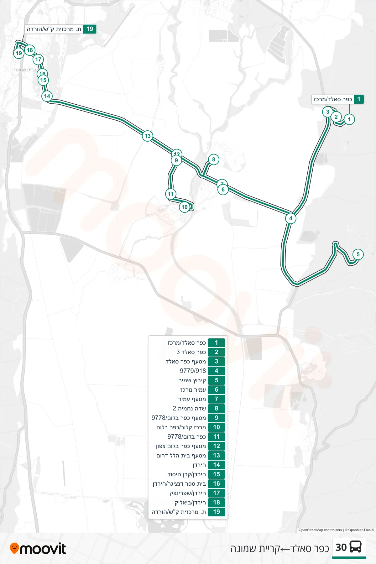 30  Line (Kfar Sald‎→Kiryat Shmona) route and stops on a map