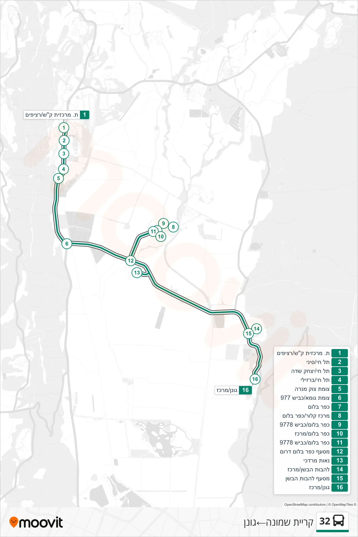32 bus Line (Kiryat Shmona‎→Gonen) route and stops on a map