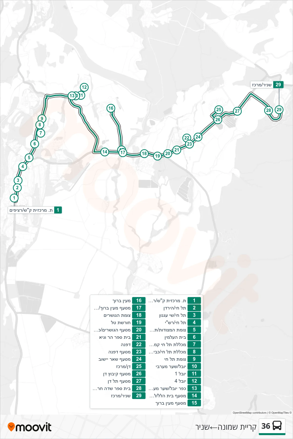 36 bus Line (Kiryat Shmona‎→Snir) route and stops on a map