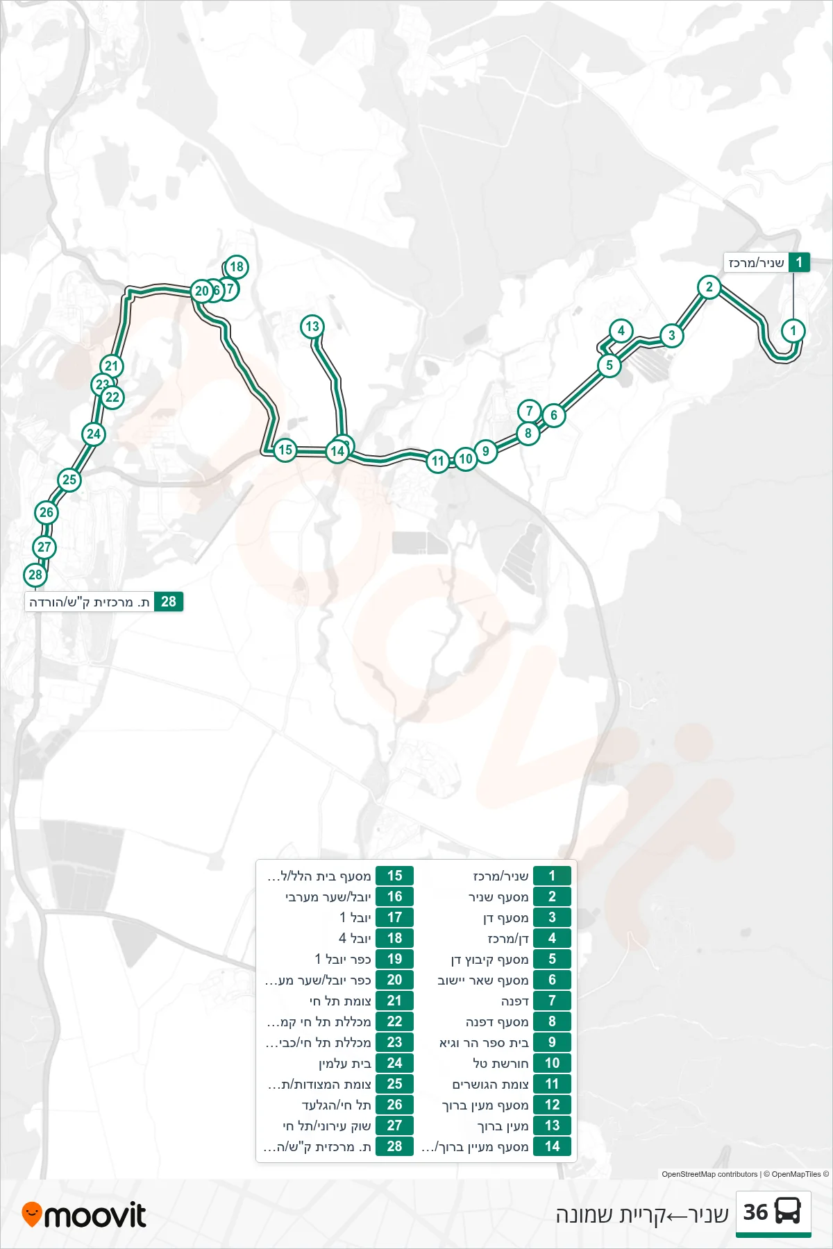 36 bus Line (Snir‎→Kiryat Shmona) route and stops on a map