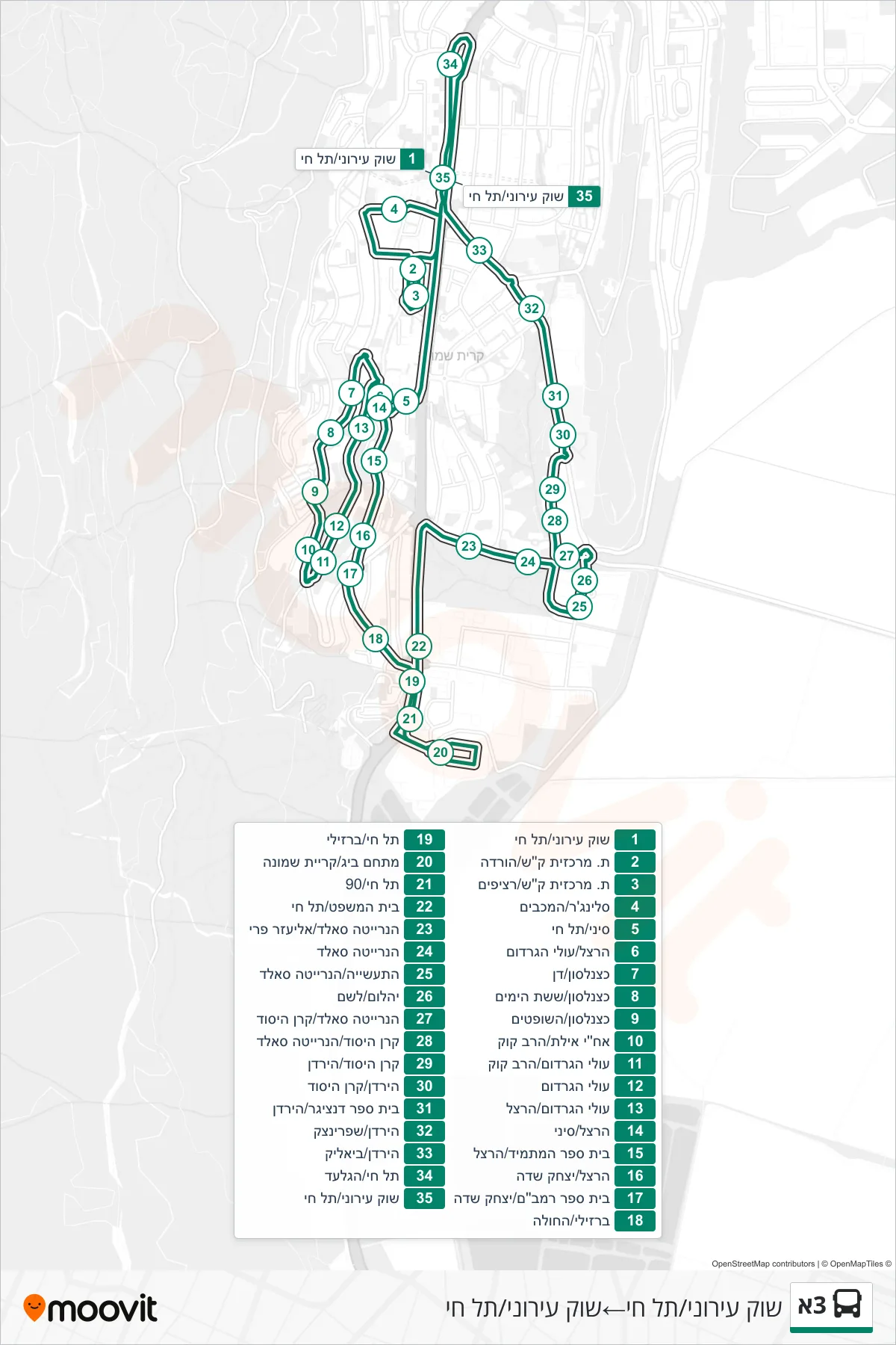 3A bus Line (City Market/Tel Hai‎→City Market/Tel Hai) route and stops on a map