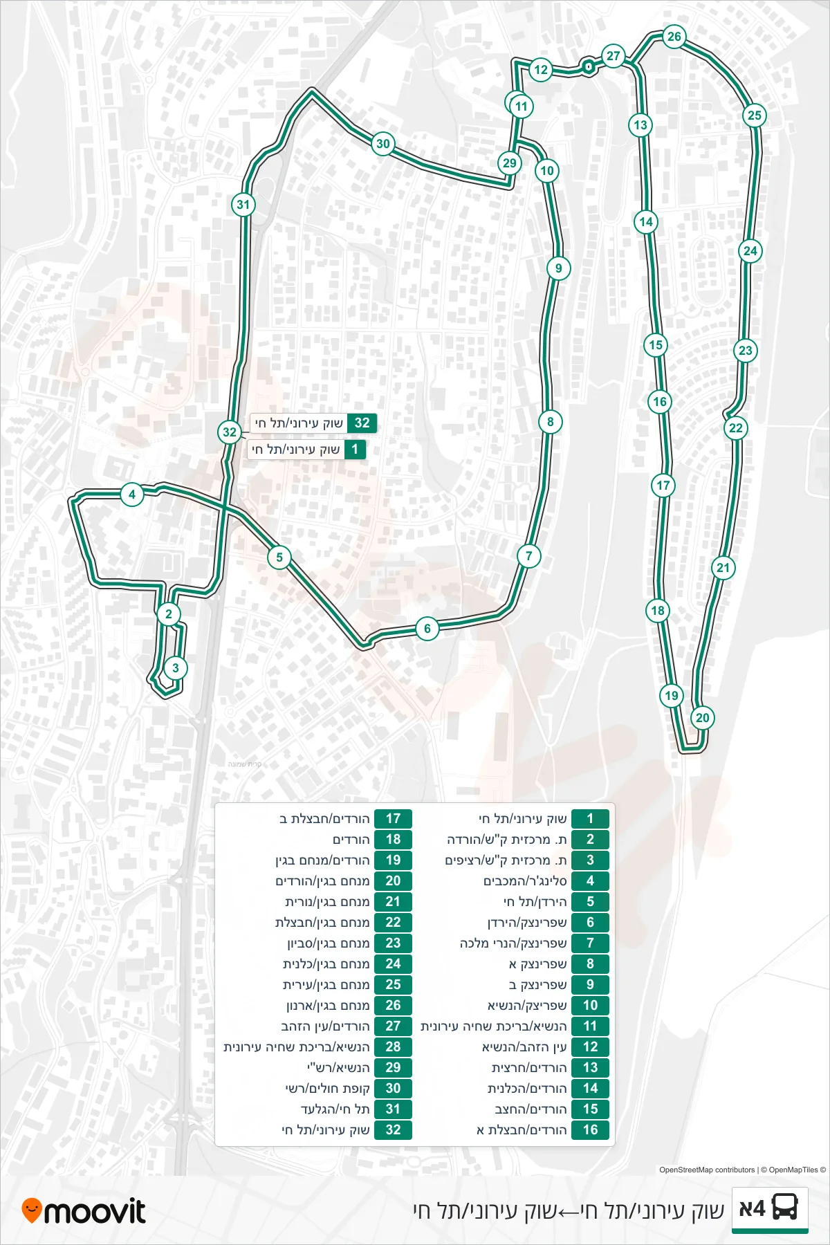 4A  Line (City Market/Tel Hai‎→City Market/Tel Hai) route and stops on a map