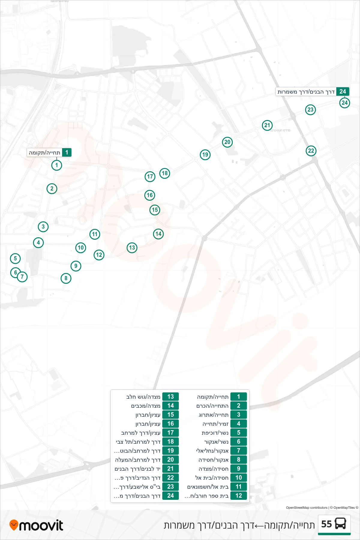 55  Line (Tehiya/Tkuma‎→HaBanim Road/Mishmarot Road) route and stops on a map