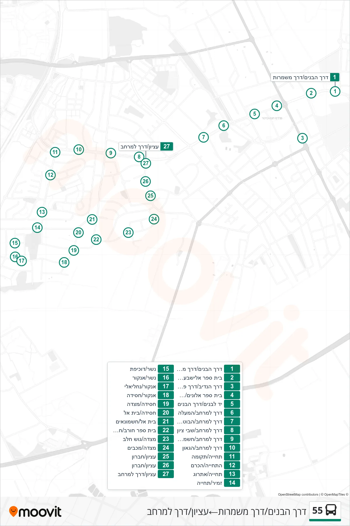 55 bus Line (HaBanim Road/Mishmarot Road‎→Etzion/Derech LaMerhav) route and stops on a map