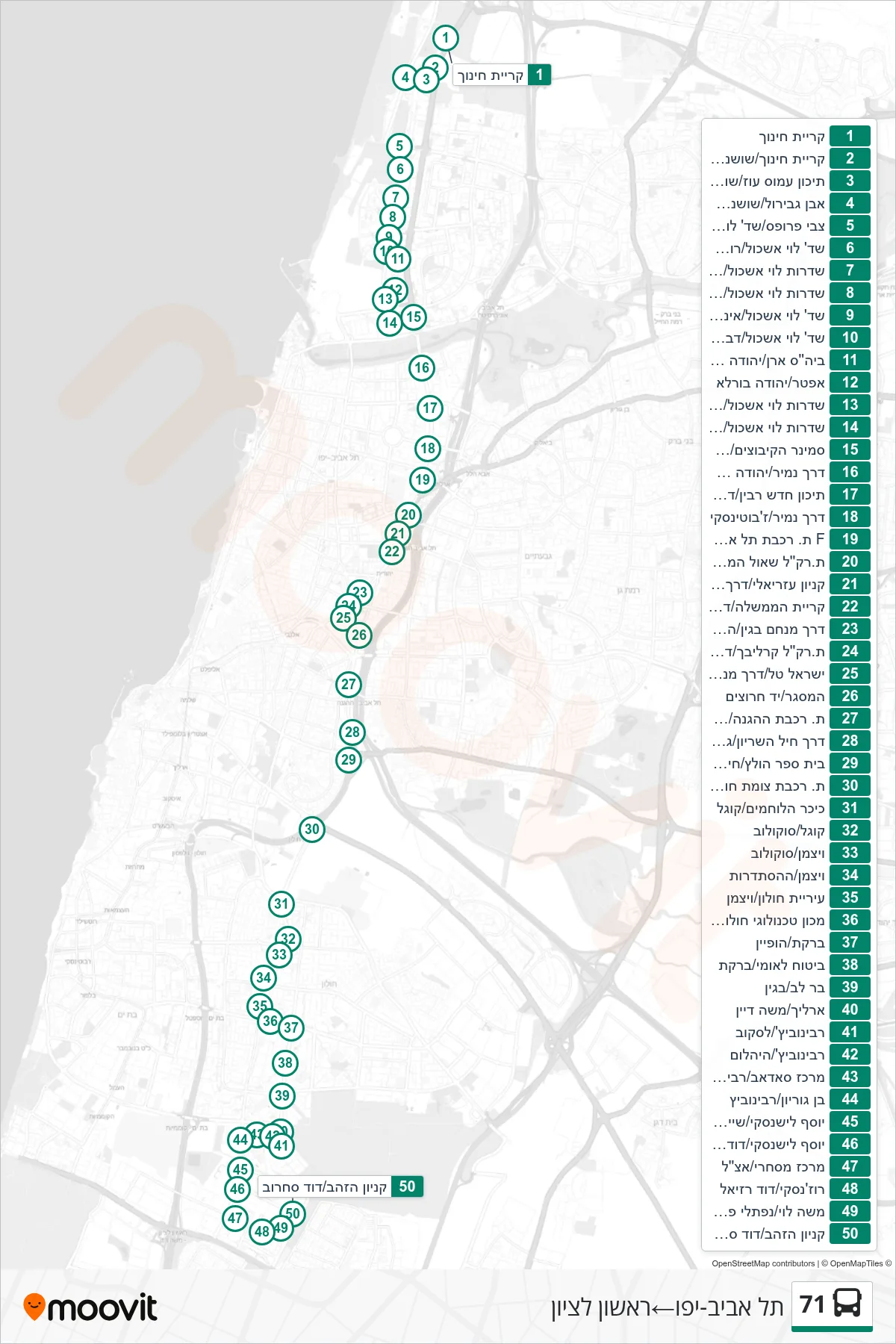 71 bus Line (Tel Aviv-Yafo‎→Rishon LeZion) route and stops on a map