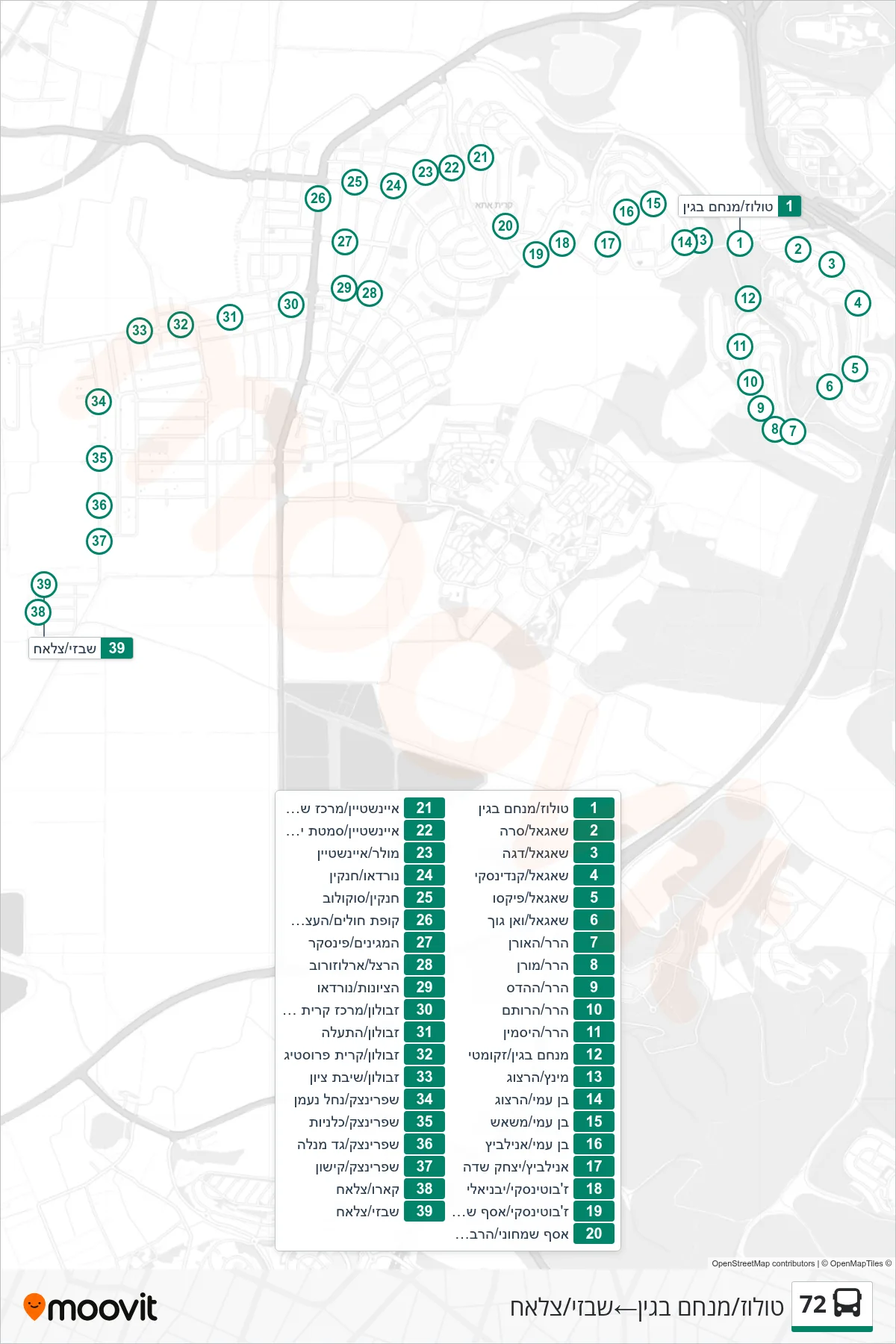 72 bus Line (Toulouse/Menachem Begin‎→Shabazi/Salah) route and stops on a map