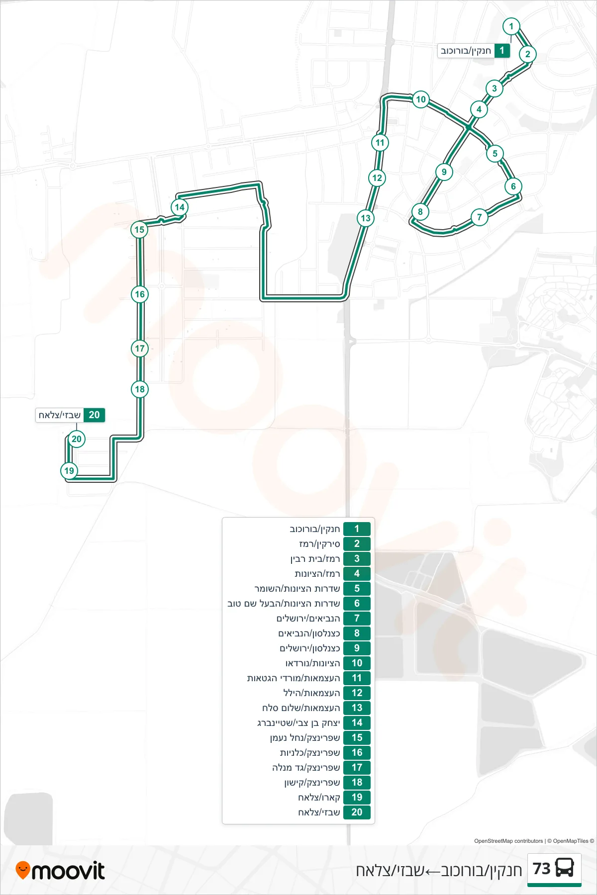 73 bus Line (Hankin/Borochov→Shabazi/Salah) route and stops on a map