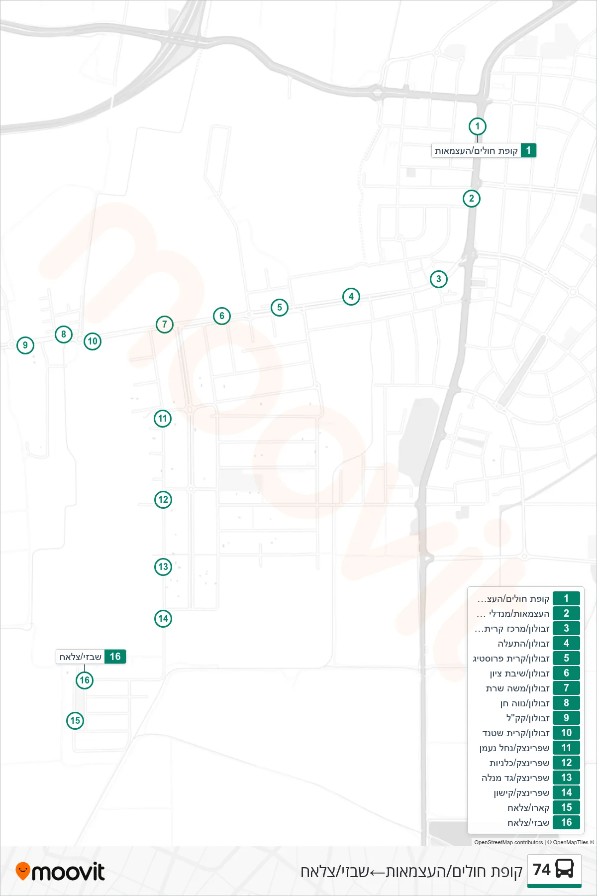 74 bus Line (Health Clinic/HaAtzmaut‎→Shabazi/Salah) route and stops on a map