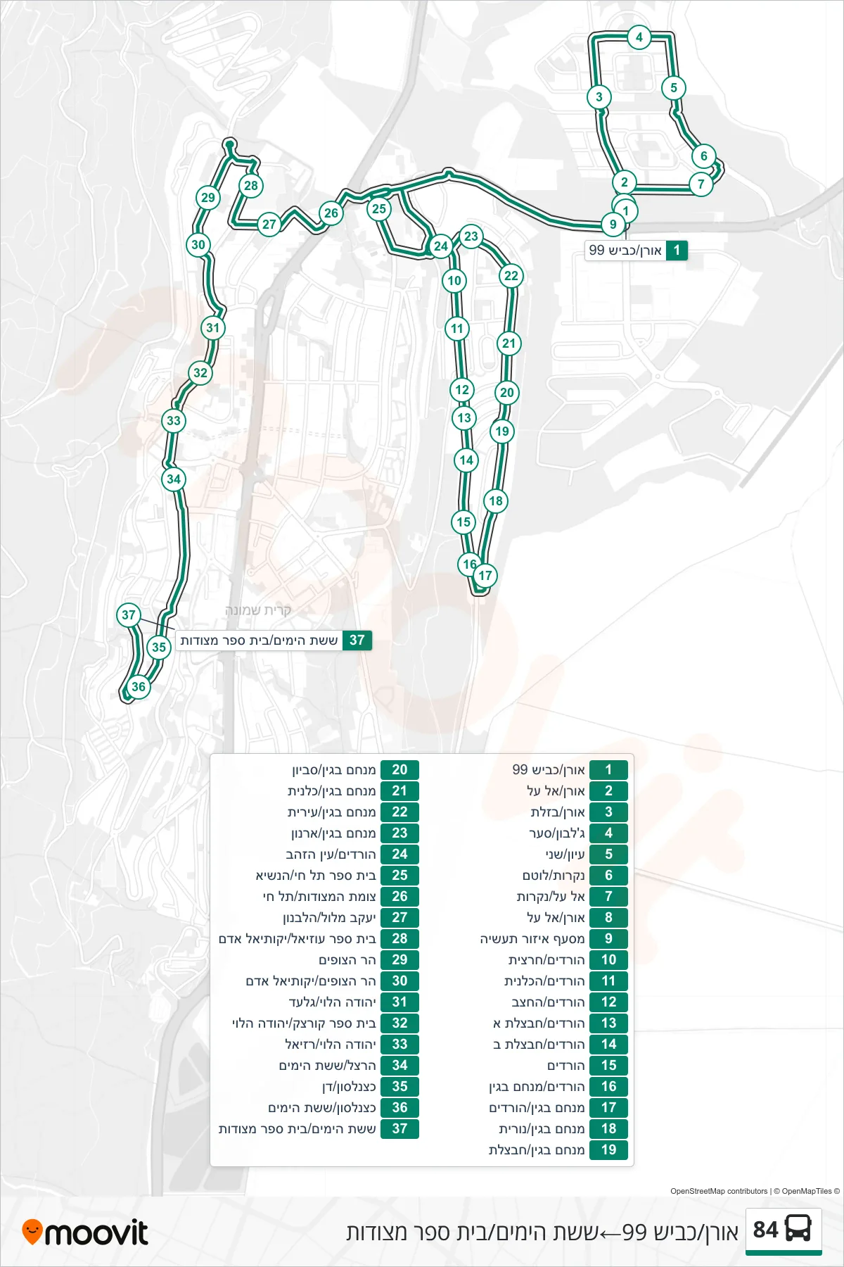 84 bus Line (Oren/Road 99‎→Sheshet Hayamim/Metzudot School) route and stops on a map