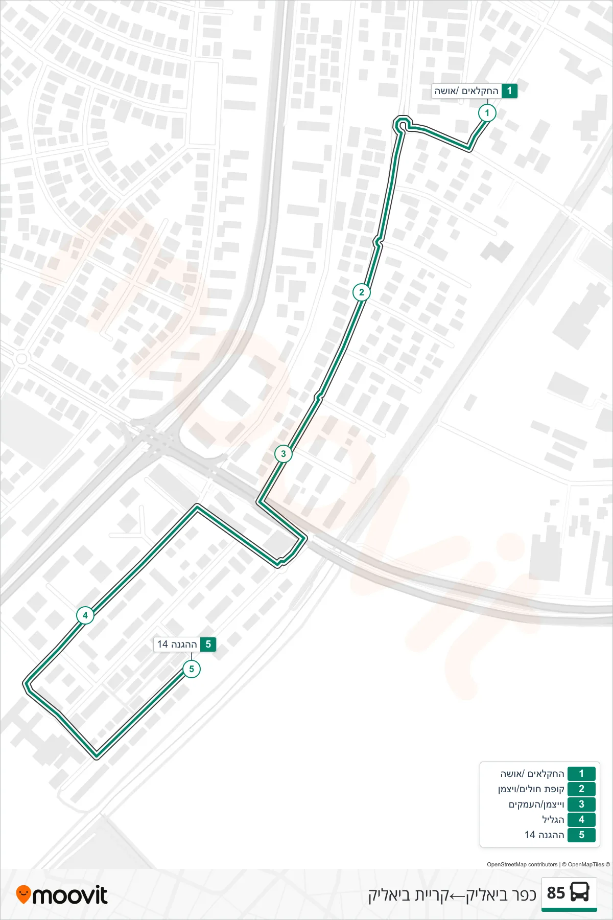 85 bus Line (Kfar Bialik‎→Kiryat Bialik) route and stops on a map