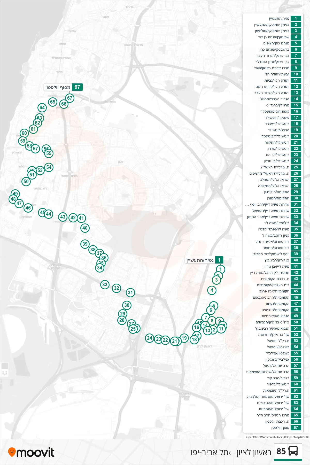 85 bus Line (Rishon LeZion‎→Tel Aviv-Yafo) route and stops on a map