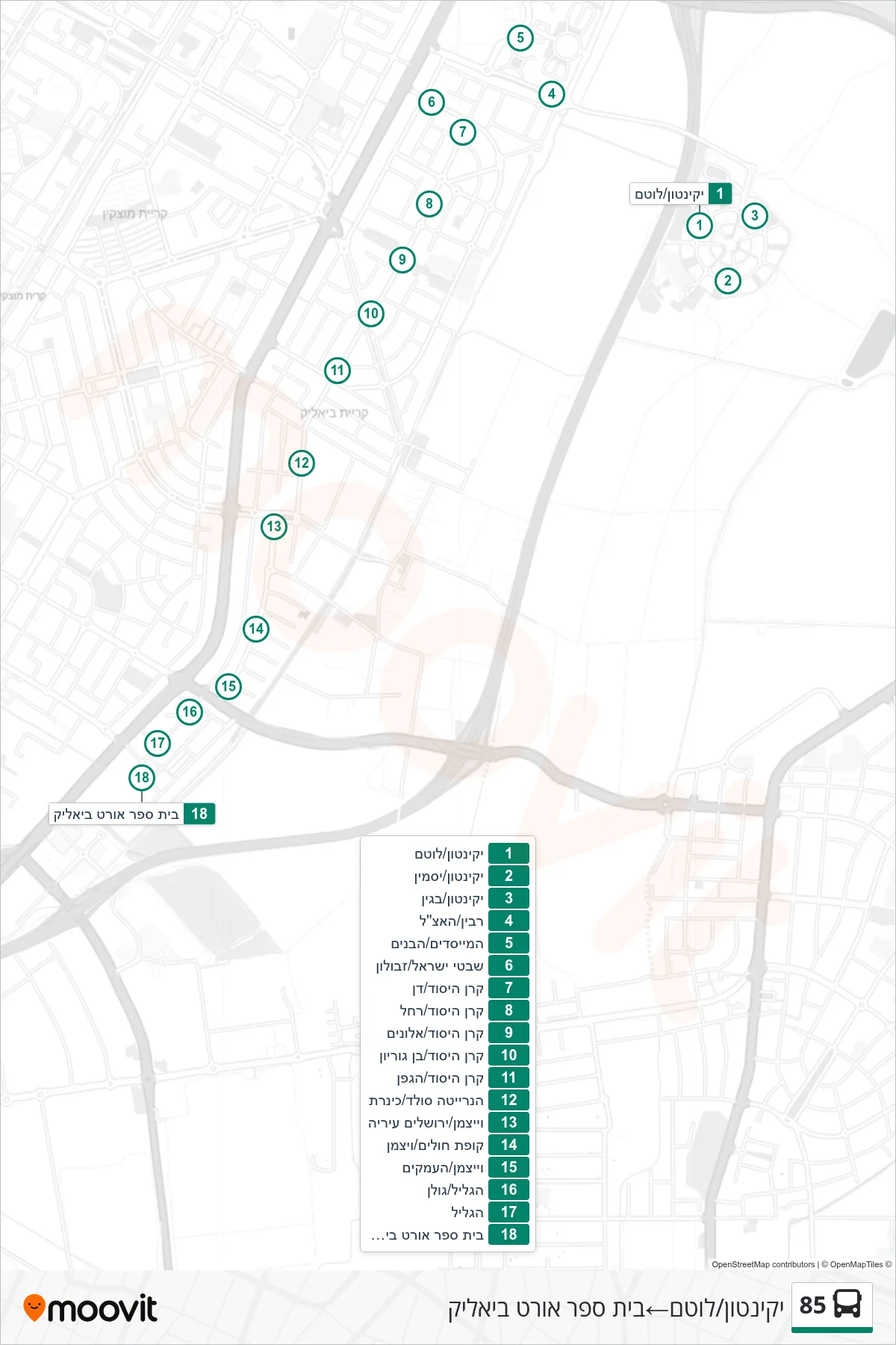 85  Line (Yakinthon/Lotem‎→Ort Bialik School) route and stops on a map