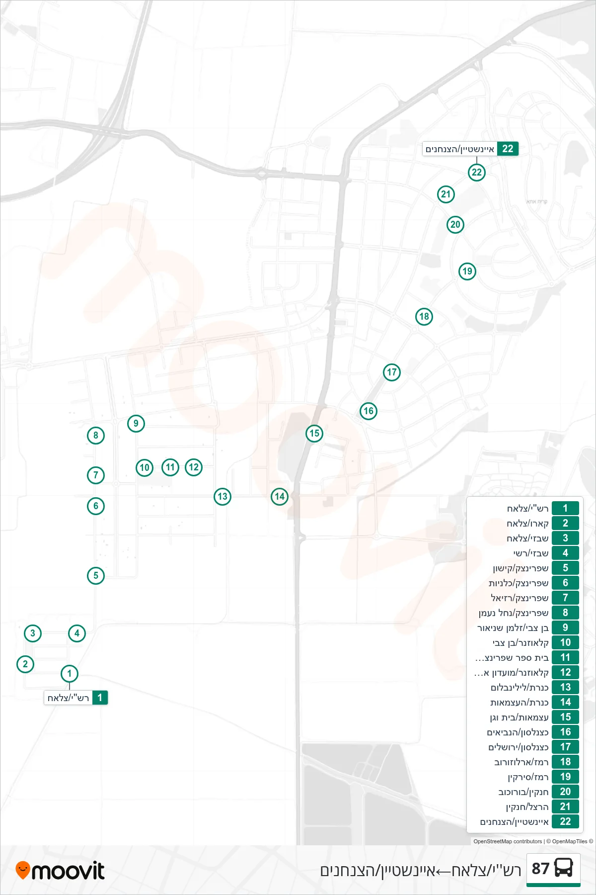87 bus Line (Rashi/Salah‎→Einstein/Hatzanhanim) route and stops on a map