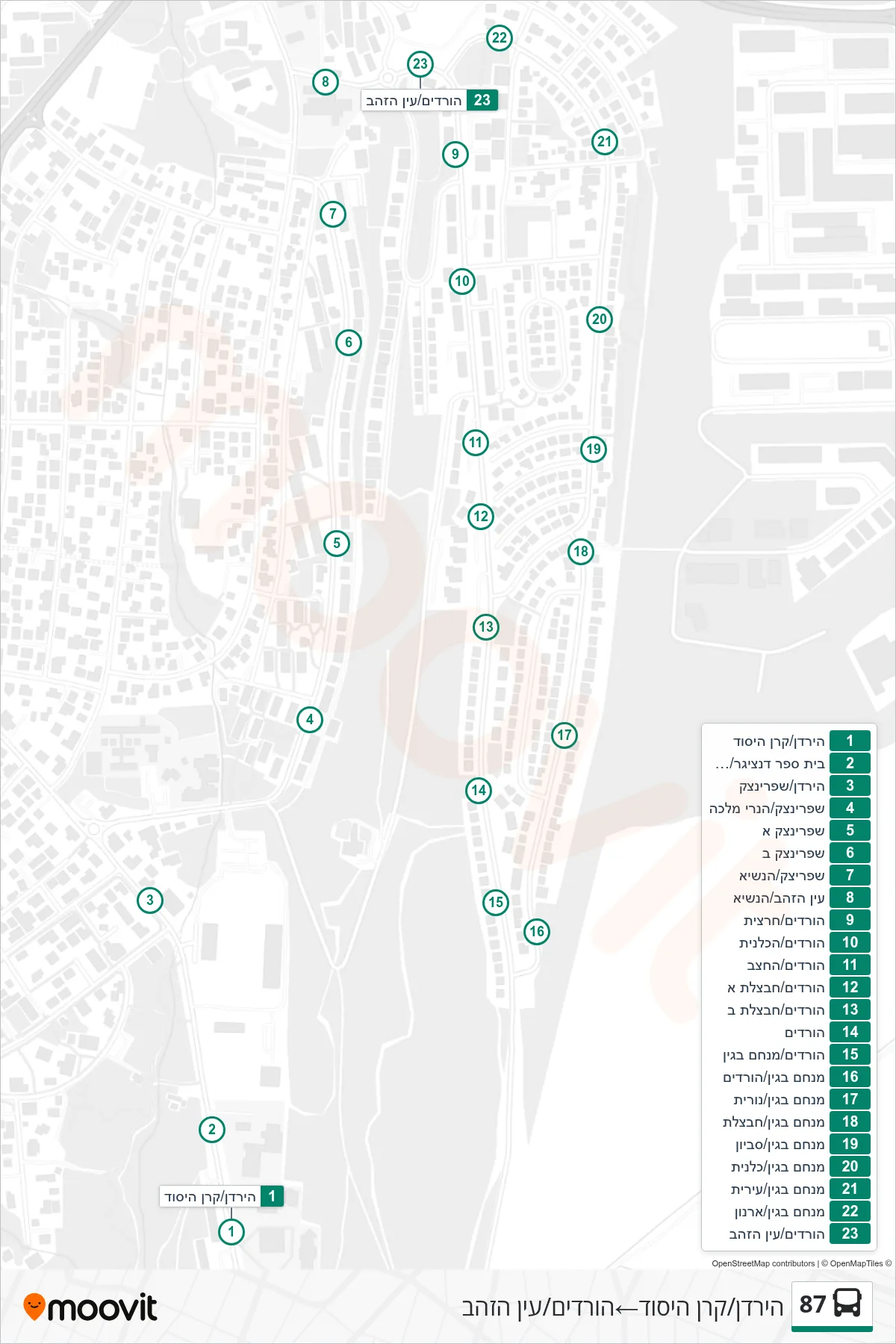 87 bus Line (HaYarden/Keren HaYesod‎→HaVradim/Ein HaZahav) route and stops on a map