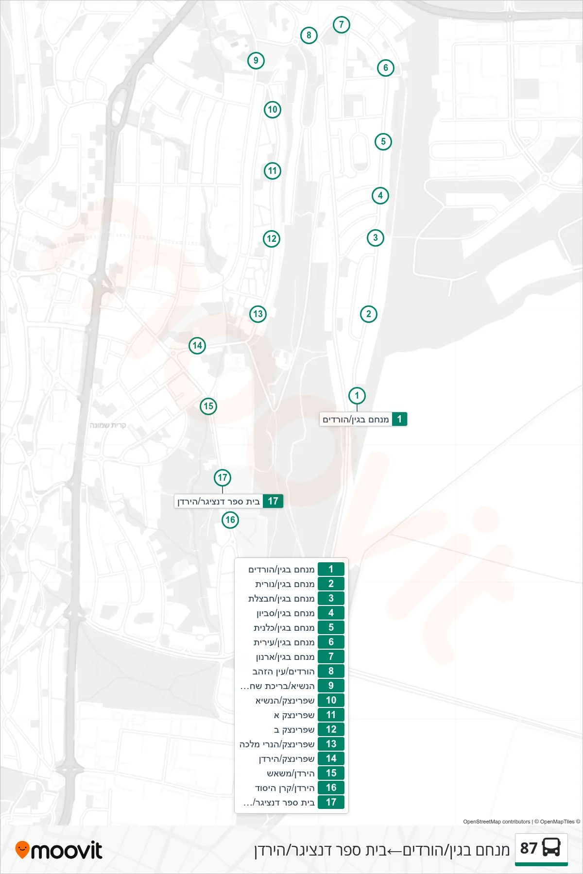 87 bus Line (Menachem Begin/HaVradim‎→Danziger School/HaYarden) route and stops on a map