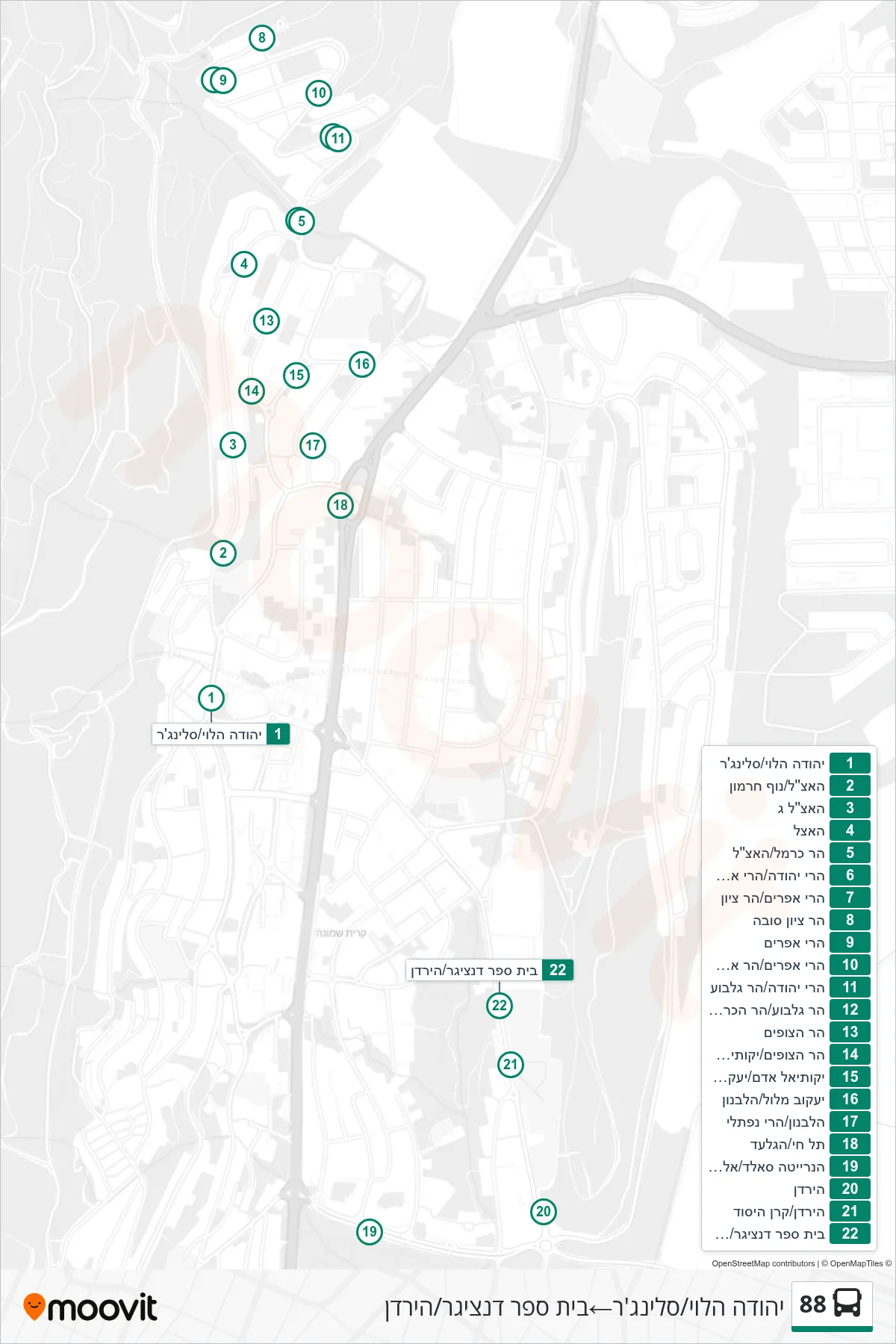 88 bus Line (Yehuda HaLevi/Salinger‎→Danziger School/HaYarden) route and stops on a map