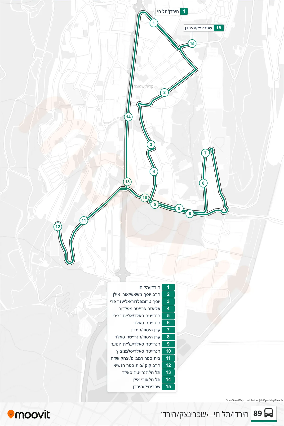 89 bus Line (HaYarden/Tel Hai‎→Sprinzak/HaYarden) route and stops on a map