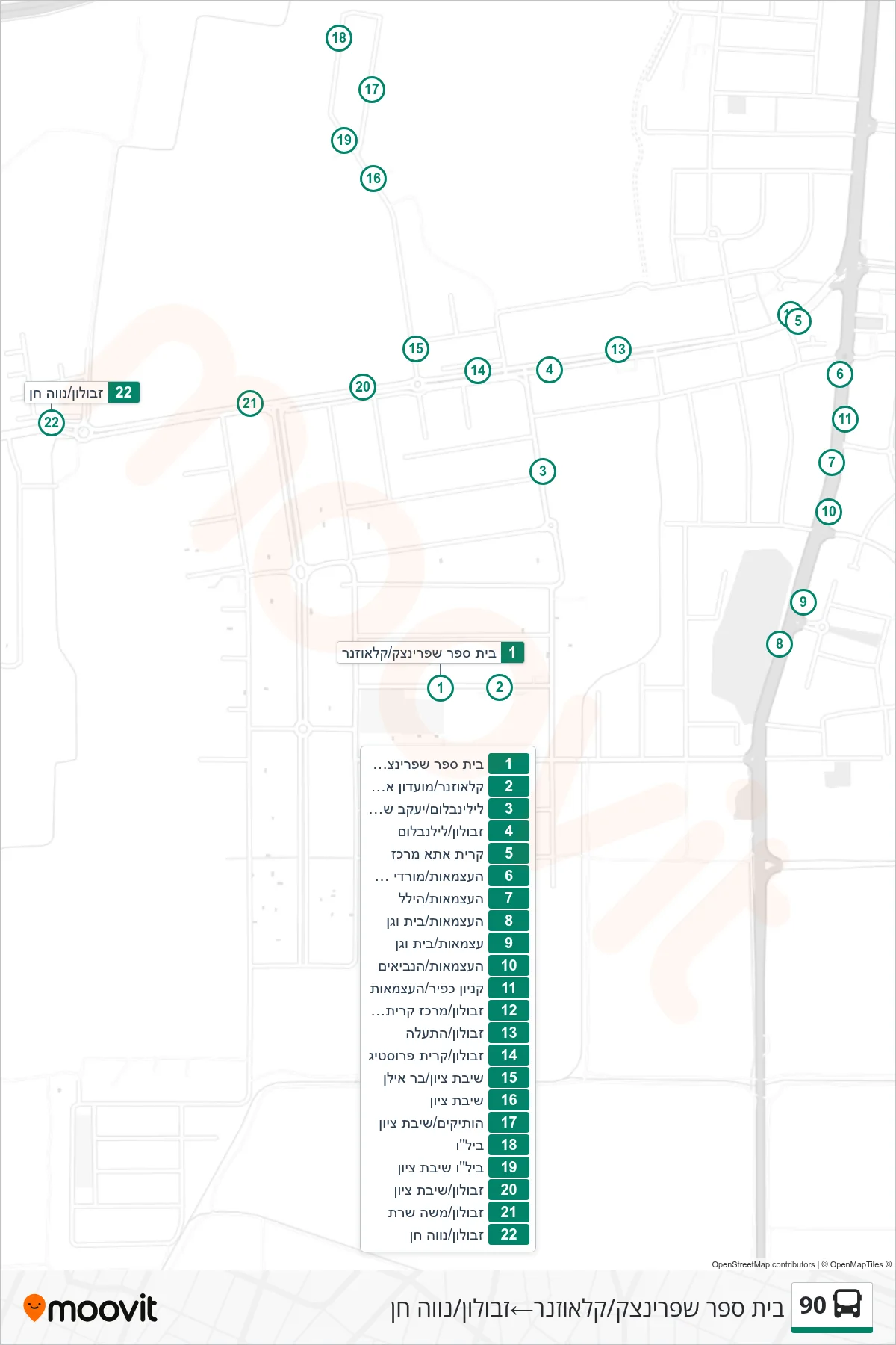 90 bus Line (Sprinzak School/Klausner‎→Zevulun/Neve Hen) route and stops on a map