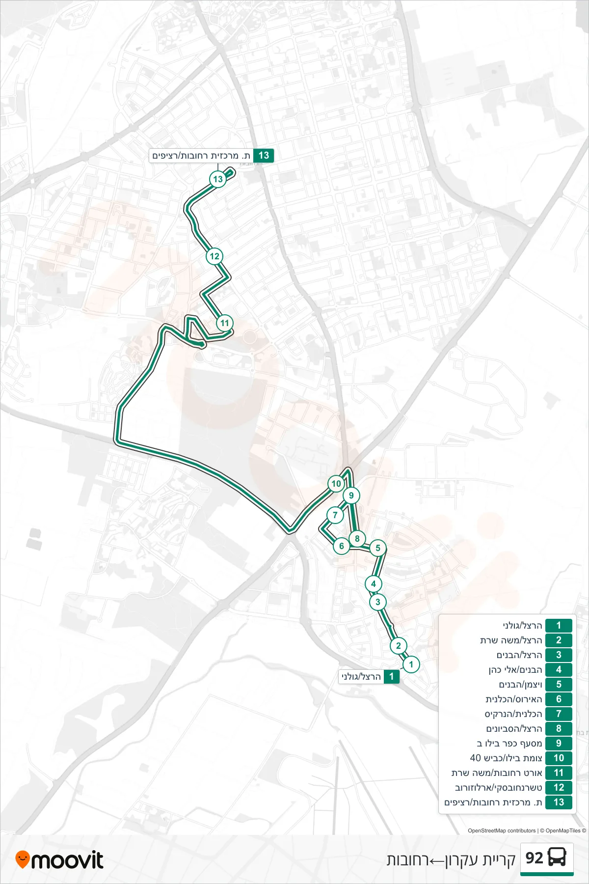 92 bus Line (Kiryat Ekron→Rehovot) route and stops on a map