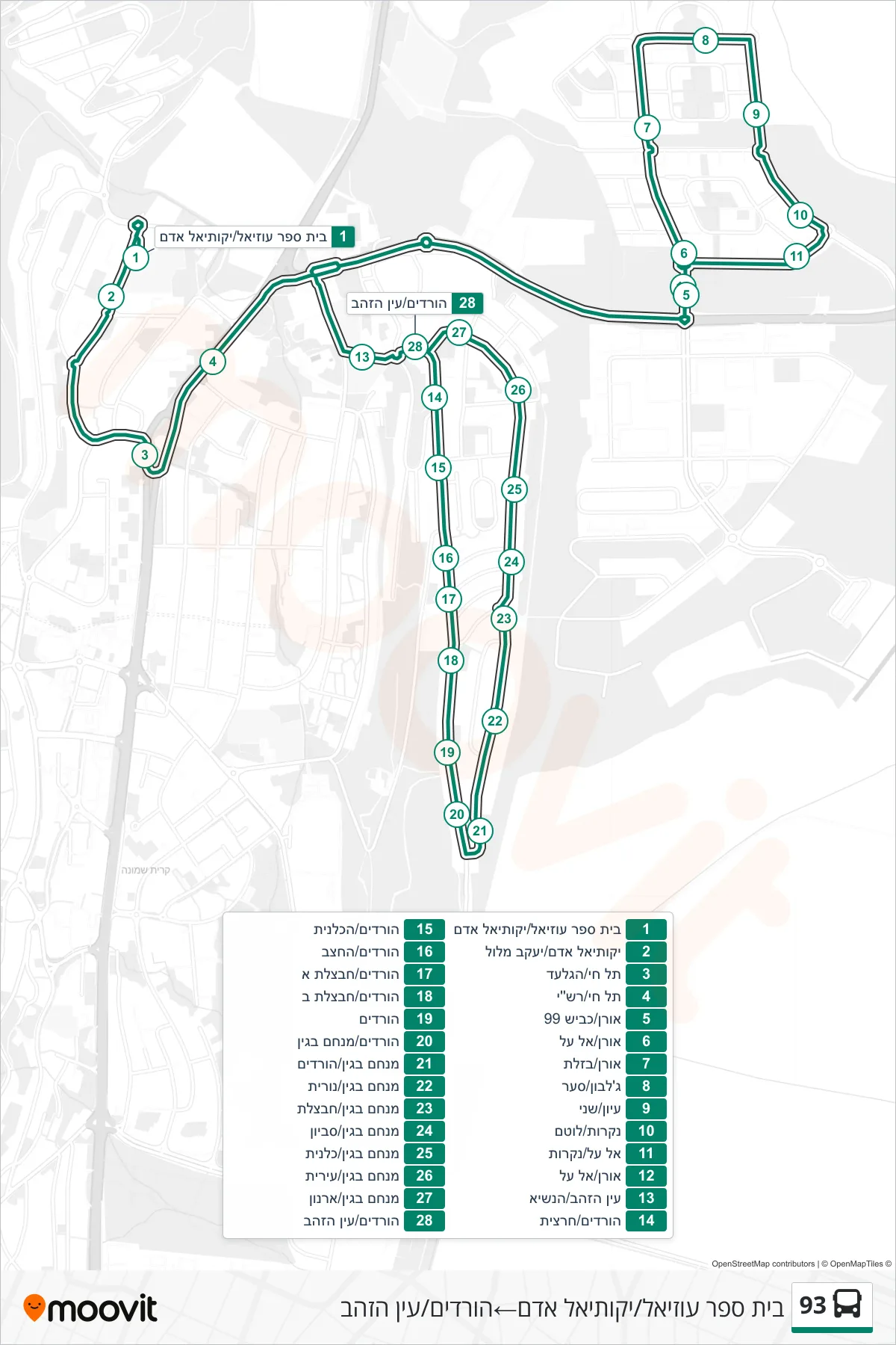 93 bus Line (Uziel School/Yekutiel Adam‎→HaVradim/Ein HaZahav) route and stops on a map