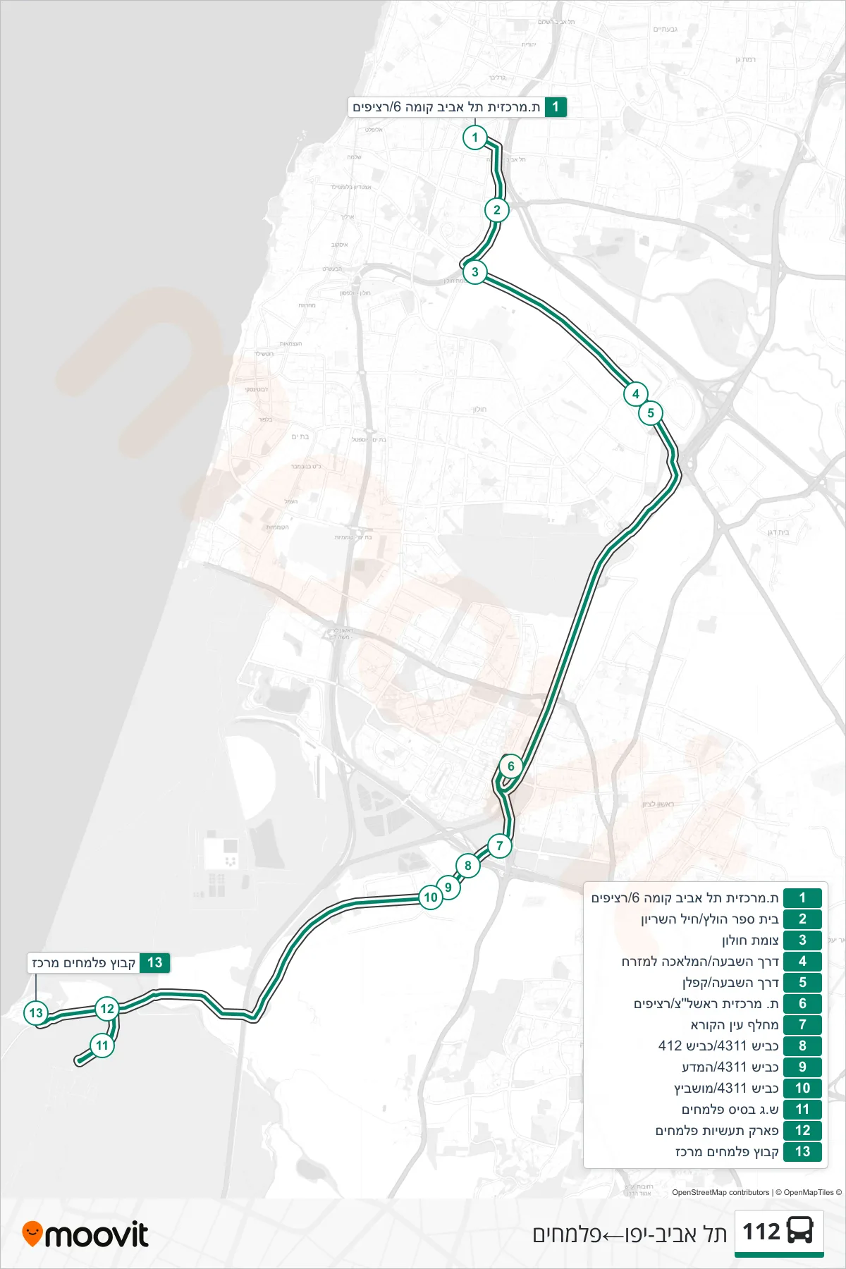 112 bus Line (Tel Aviv-Yafo‎→Palmachim) route and stops on a map