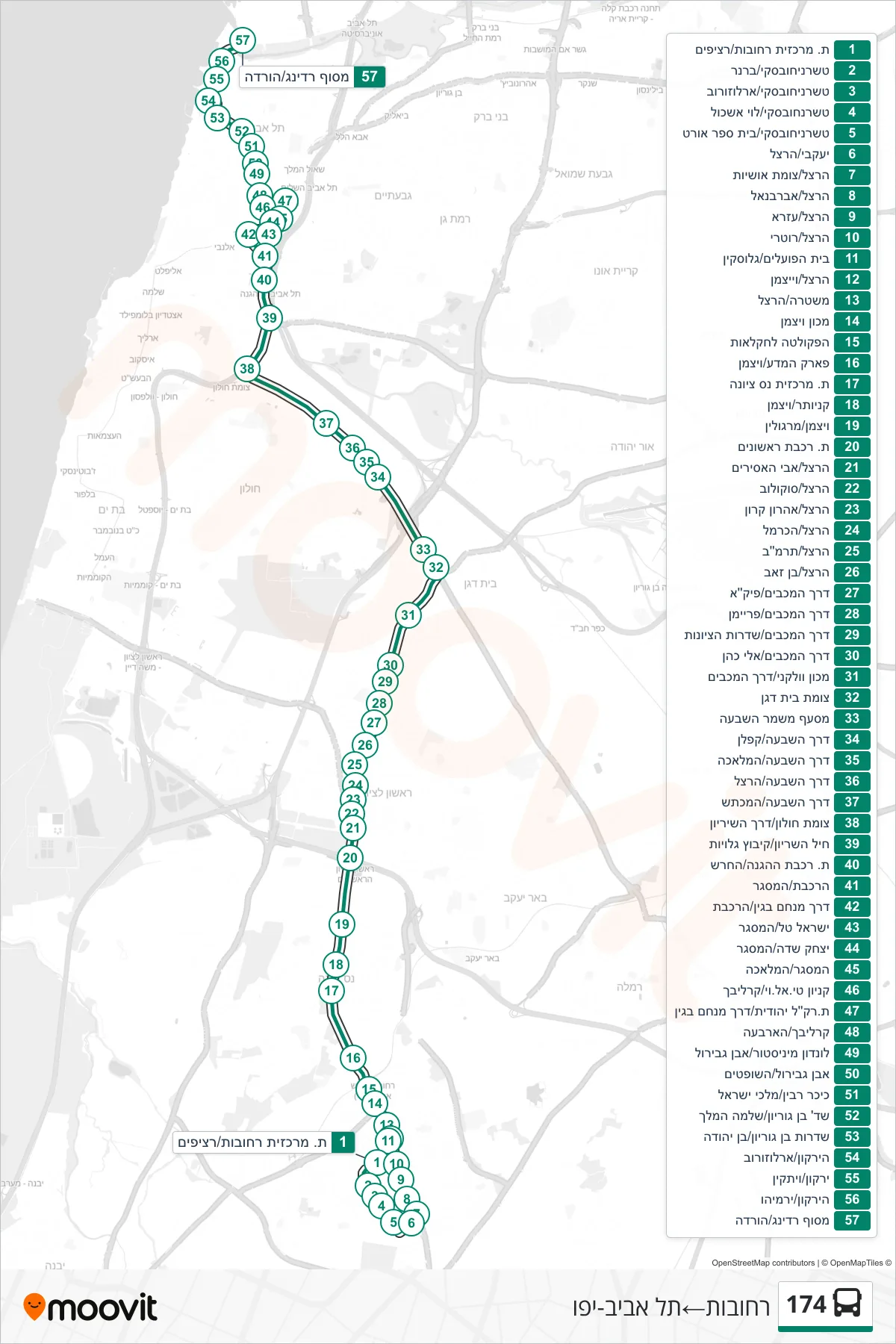 174 bus Line (Rehovot→Tel Aviv-Yafo) route and stops on a map
