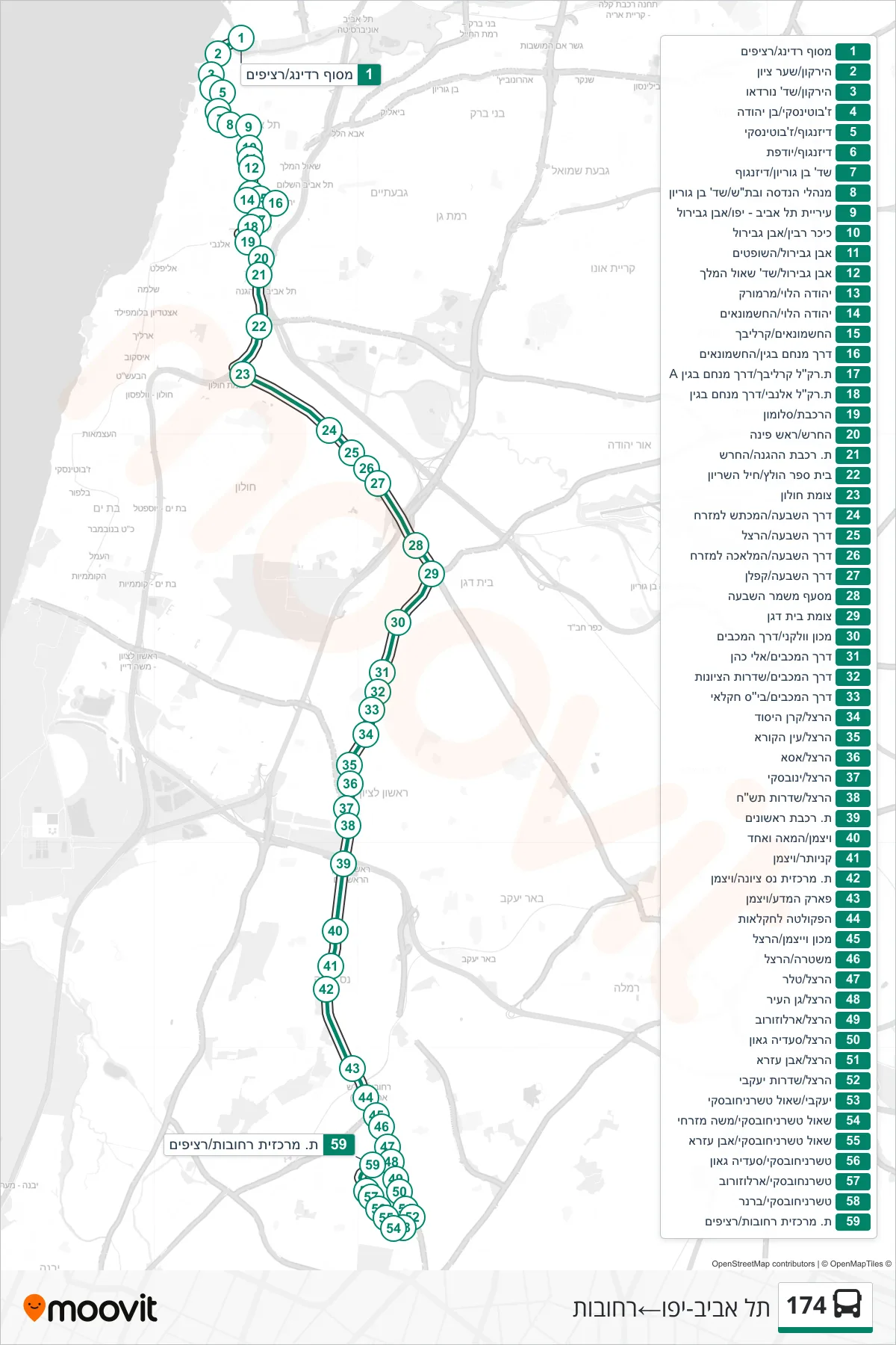 174 bus Line (Tel Aviv-Yafo→Rehovot) route and stops on a map