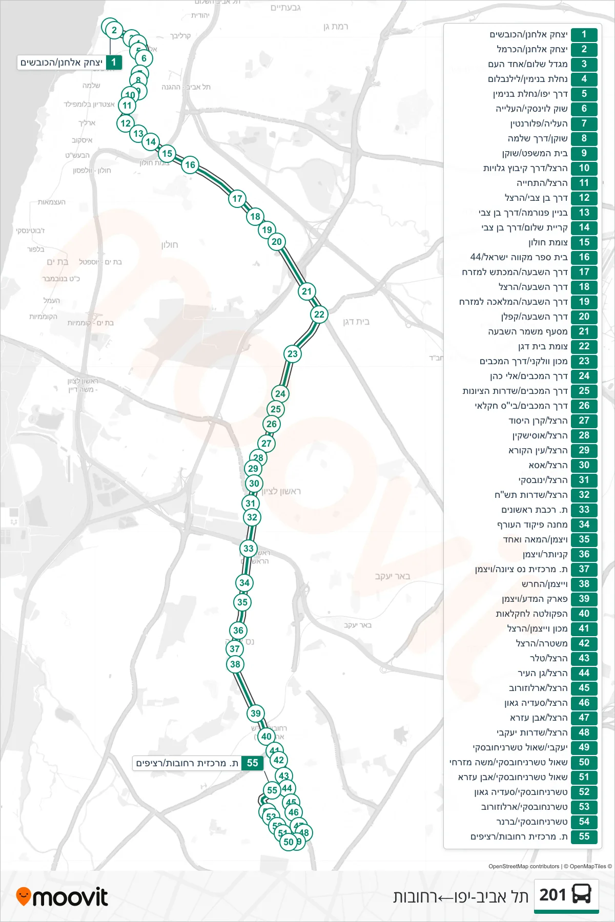 201 bus Line (Tel Aviv-Yafo→Rehovot) route and stops on a map