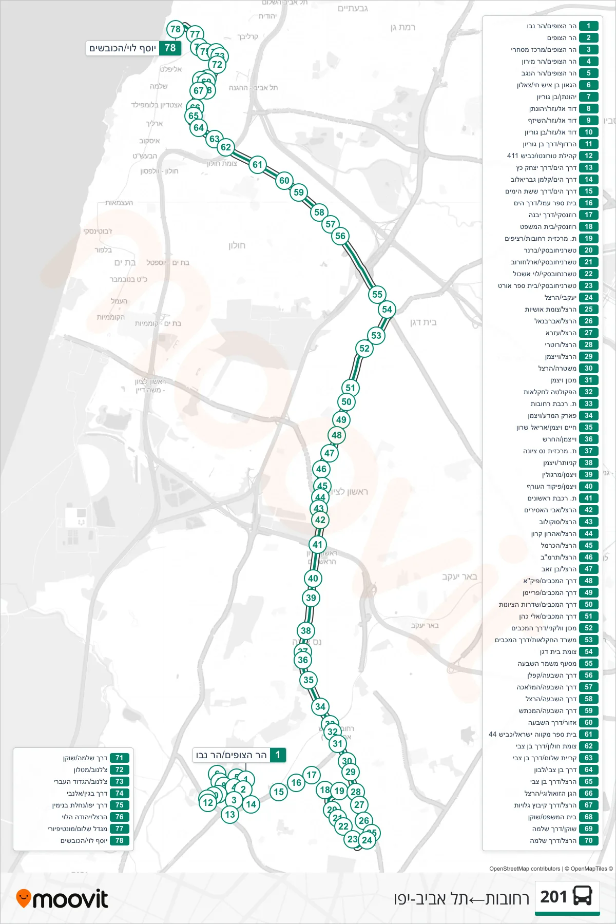 201 bus Line (Rehovot→Tel Aviv-Yafo) route and stops on a map