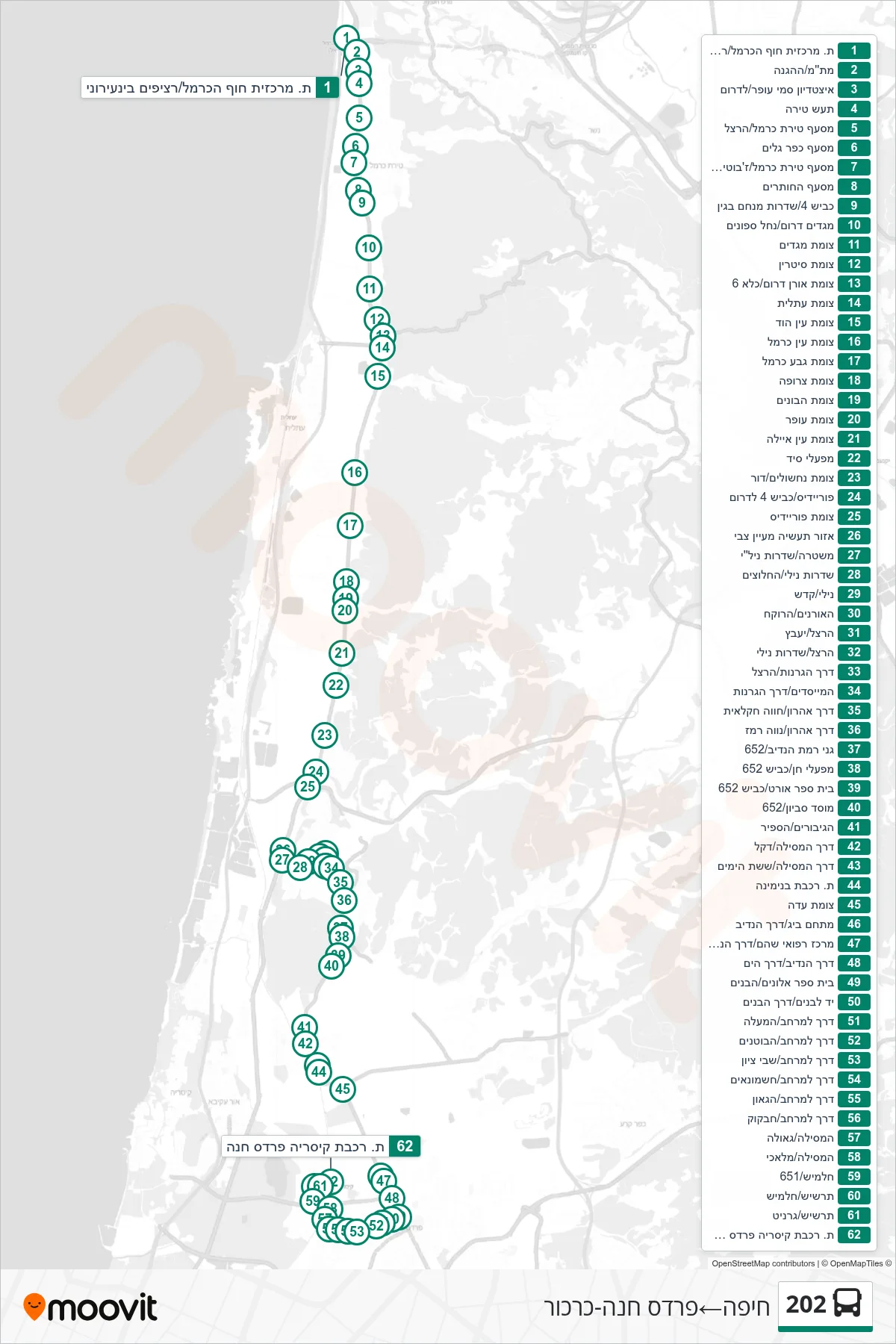 202 bus Line (Haifa→Pardes Hanna-Karkur) route and stops on a map