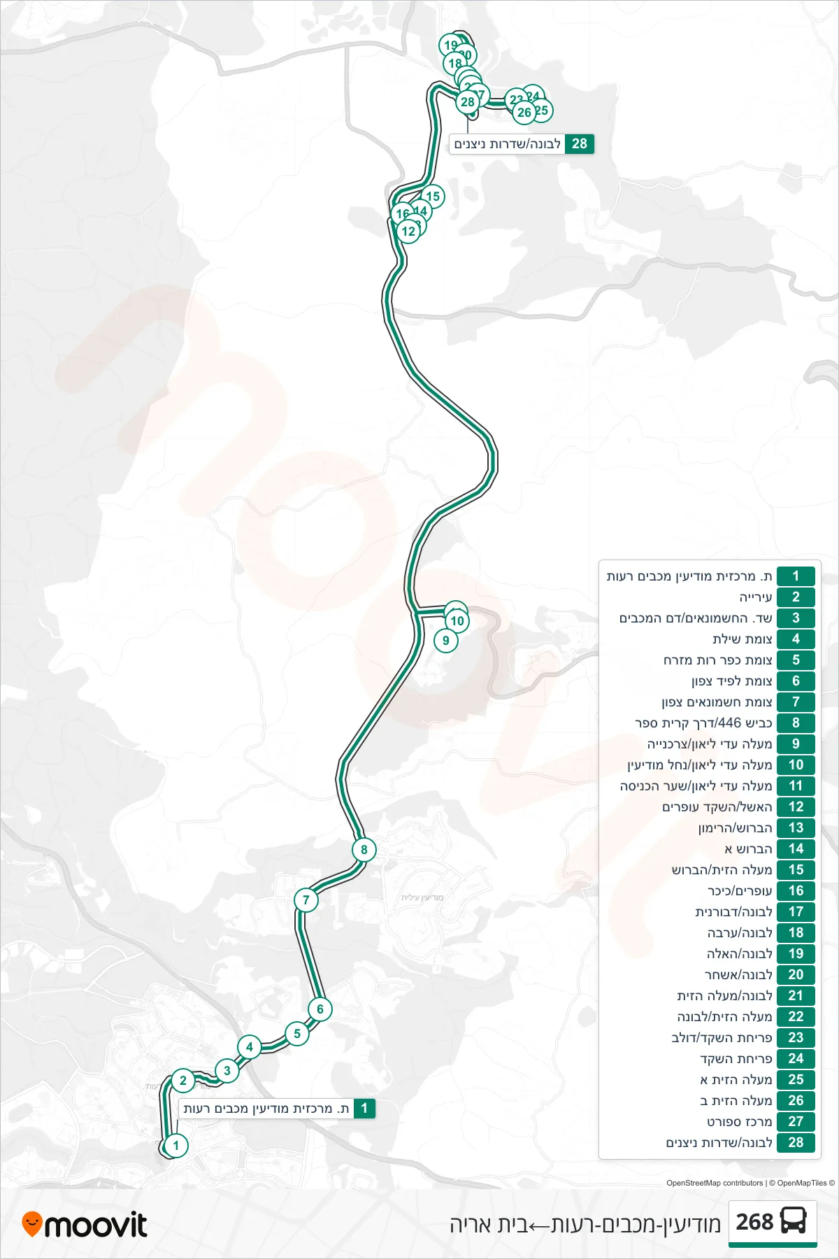 268 bus Line (Modi'in-Maccabim-Re'ut‎→Beit Arye) route and stops on a map