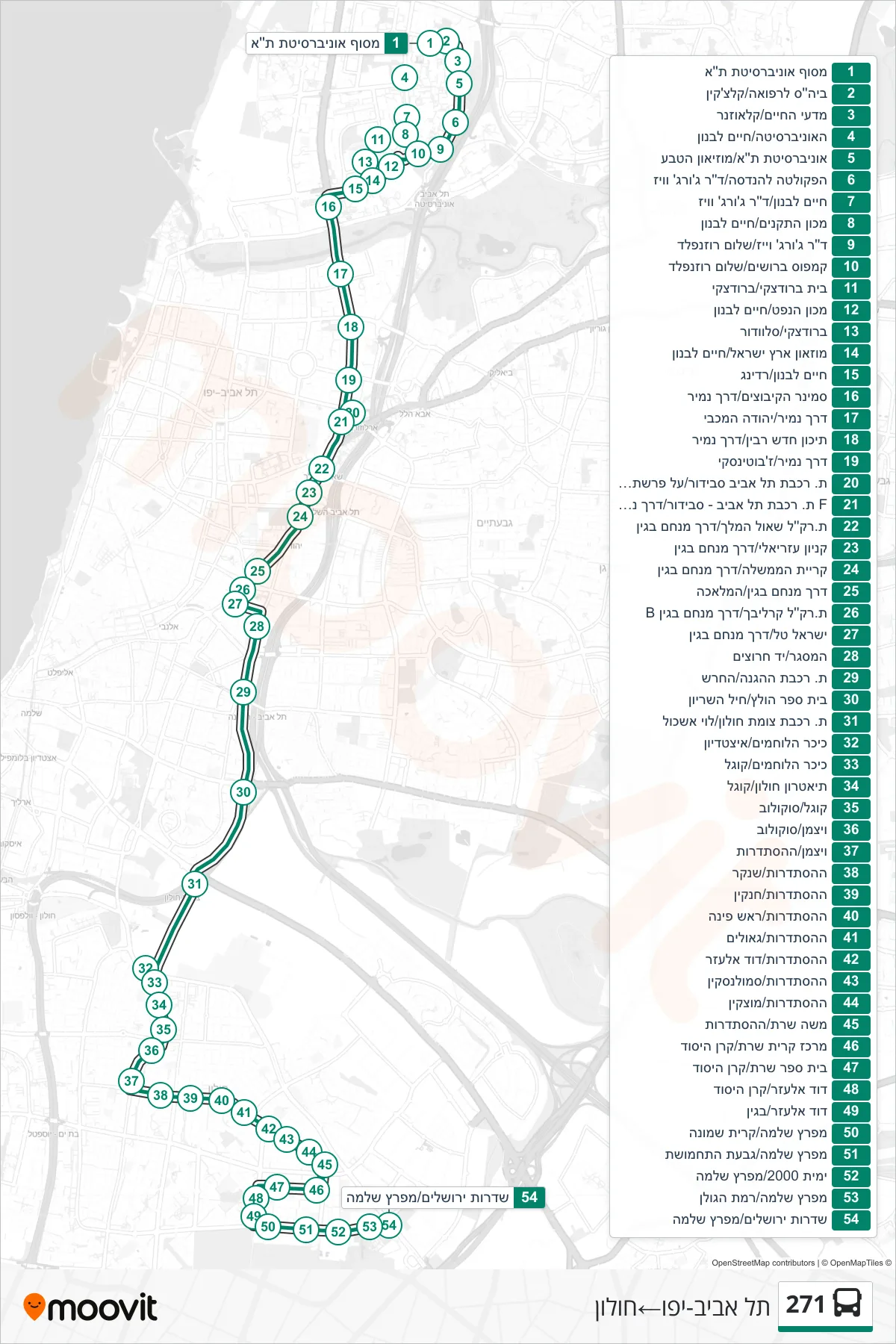 271  Line (Tel Aviv-Yafo‎→Holon) route and stops on a map