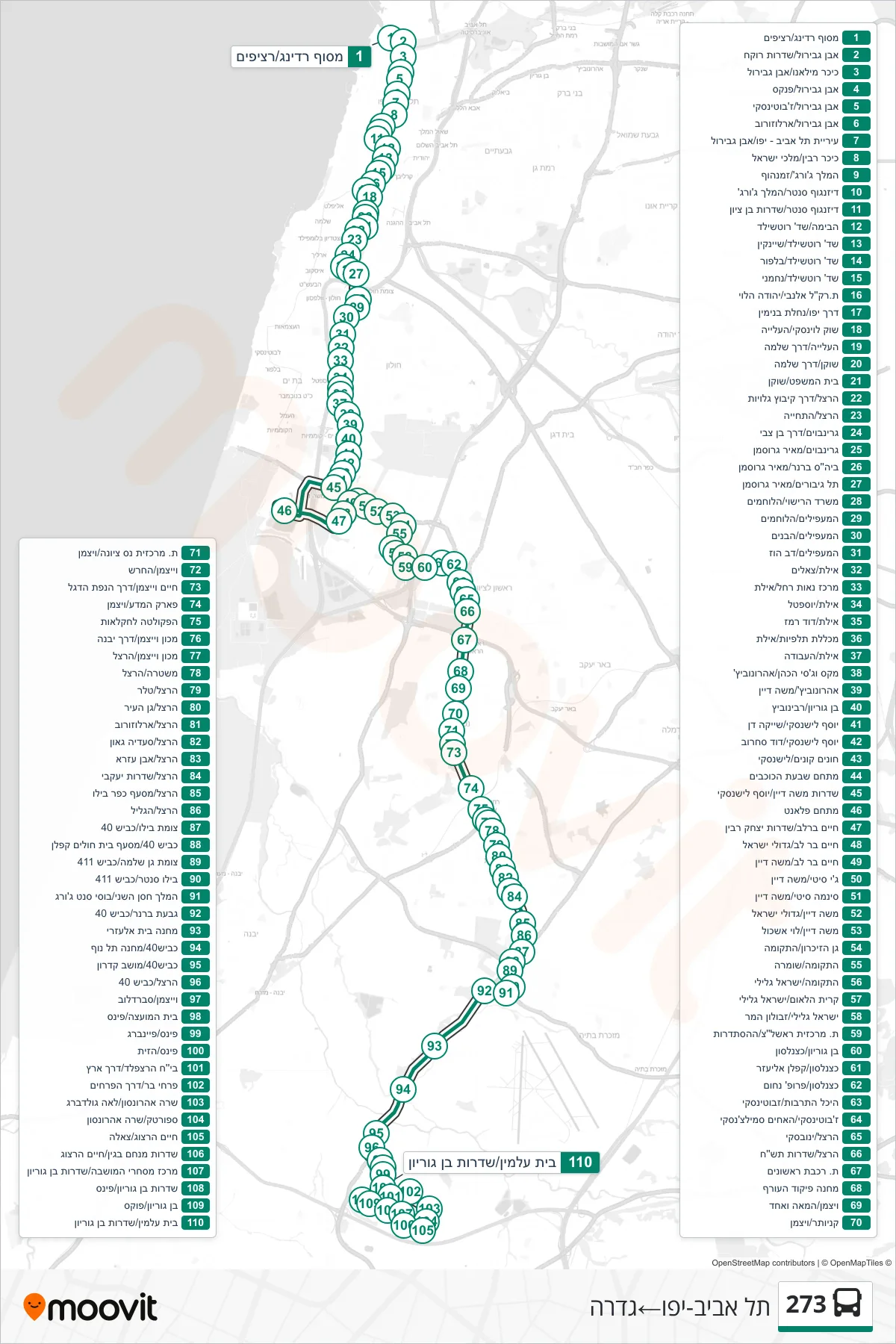 273 bus Line (Tel Aviv-Yafo‎→Gedera) route and stops on a map