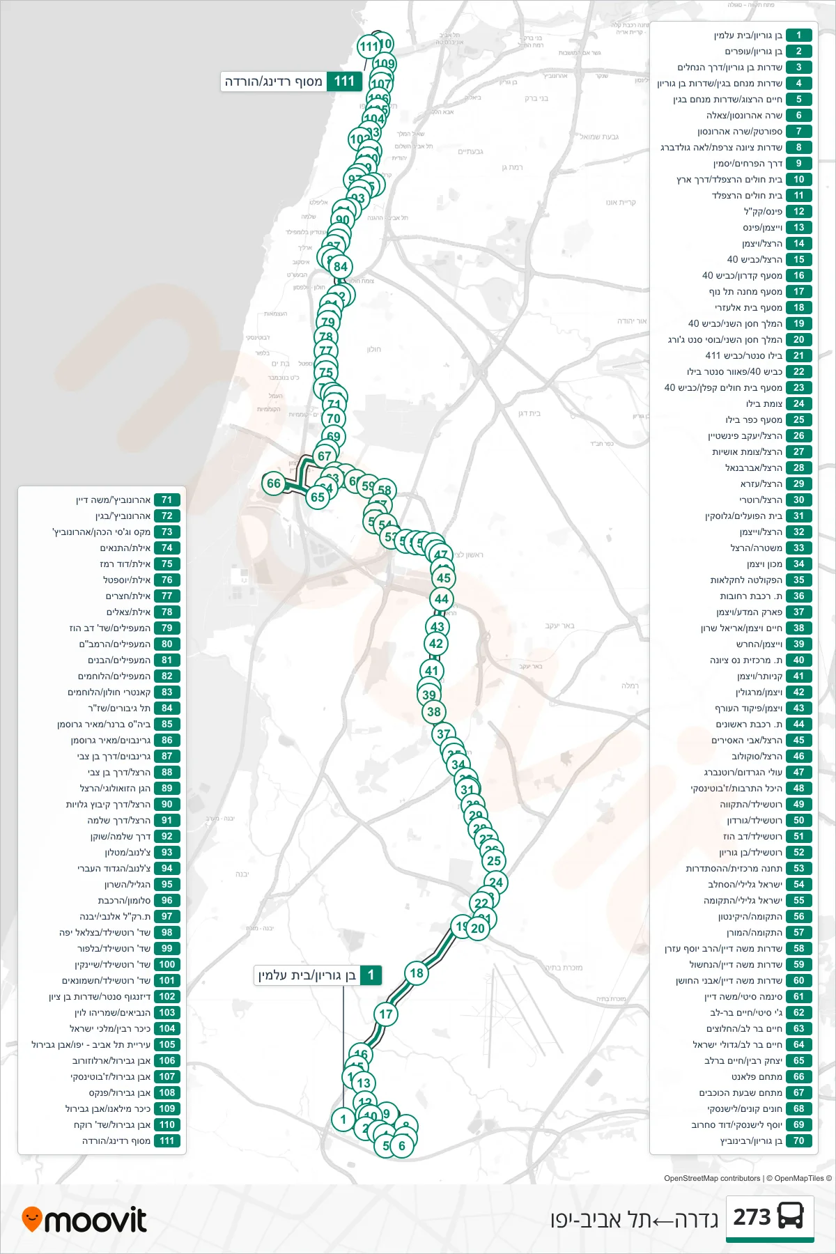 273 bus Line (Gedera→Tel Aviv-Yafo) route and stops on a map