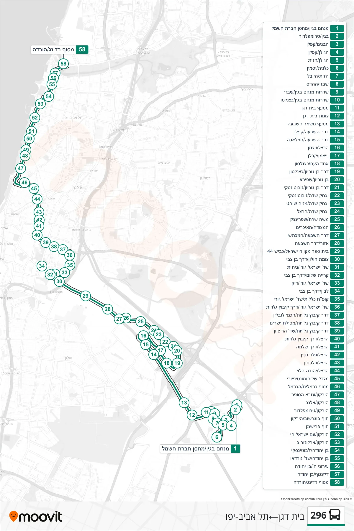296 bus Line (Beit Dagan‎→Tel Aviv-Yafo) route and stops on a map