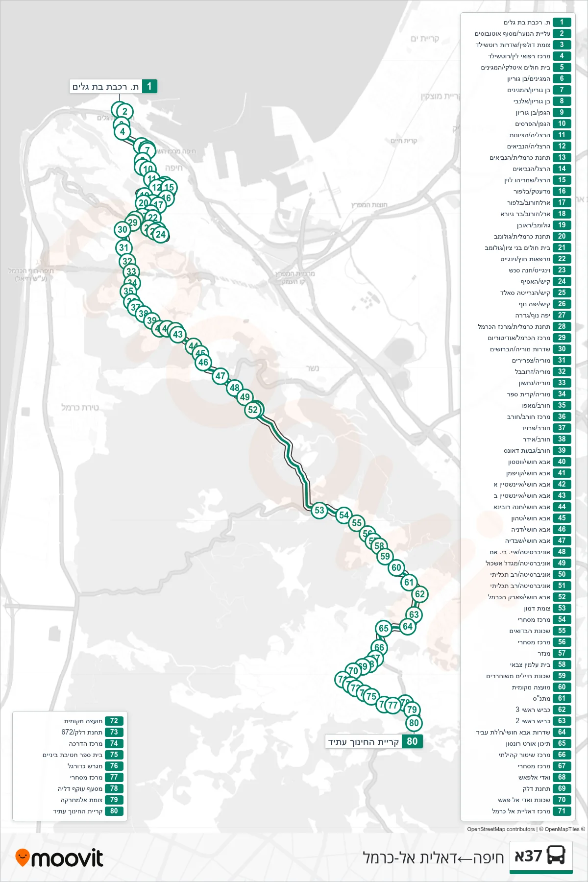 37A bus Line (Haifa‎→Daliyat al-Karmel) route and stops on a map