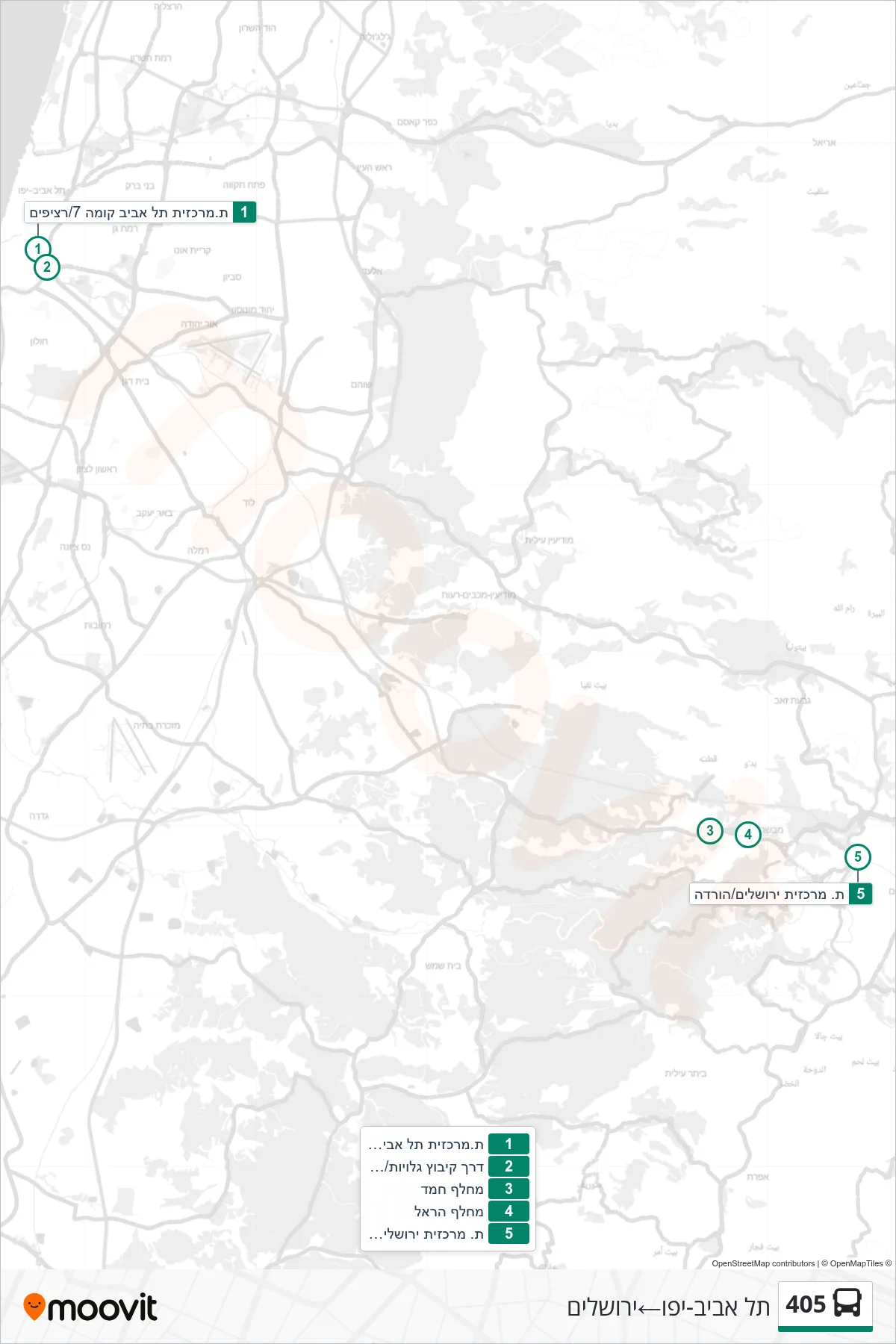 405 bus Line (Tel Aviv-Yafo‎→Jerusalem) route and stops on a map