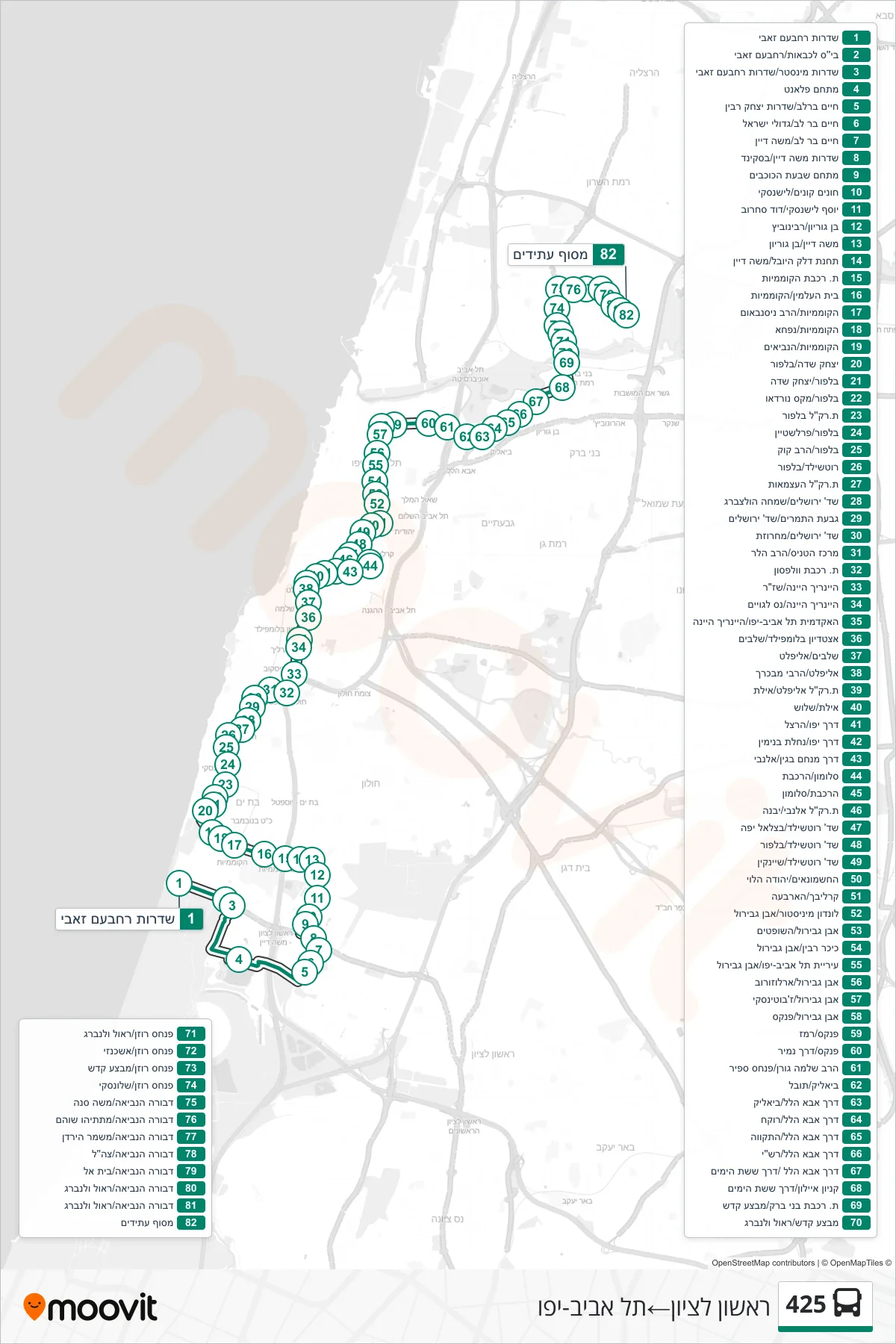 425 bus Line (Rishon LeZion‎→Tel Aviv-Yafo) route and stops on a map