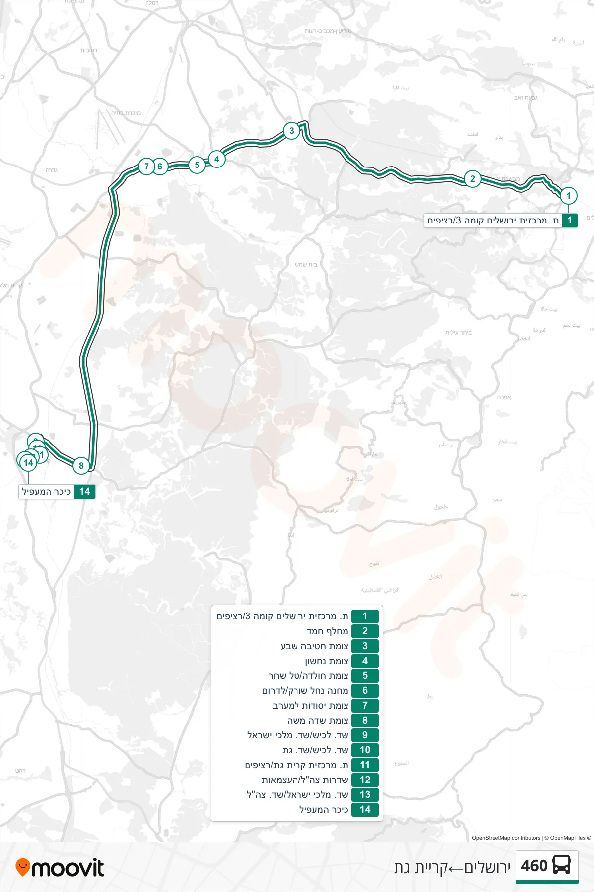 460 bus Line (Jerusalem‎→Kiryat Gat) route and stops on a map