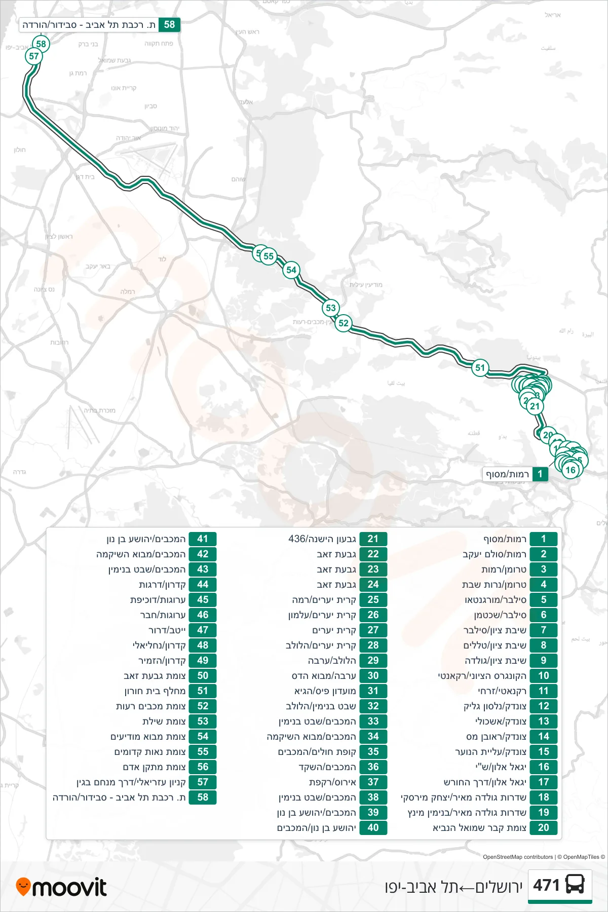 471  Line (Jerusalem‎→Tel Aviv-Yafo) route and stops on a map