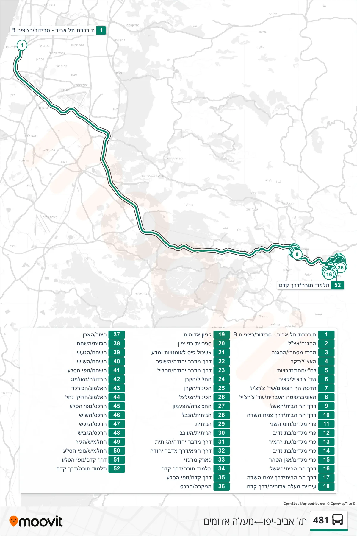 481  Line (Tel Aviv-Yafo‎→Ma'ale Adumim) route and stops on a map