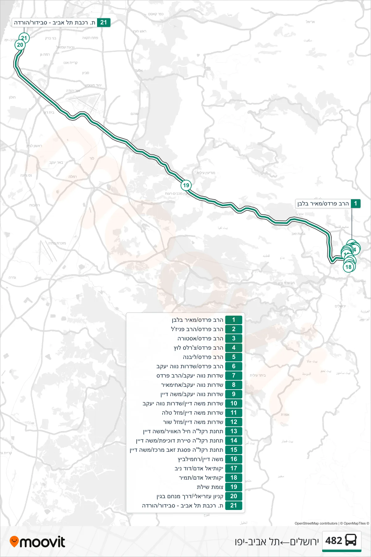 482 bus Line (Jerusalem‎→Tel Aviv-Yafo) route and stops on a map