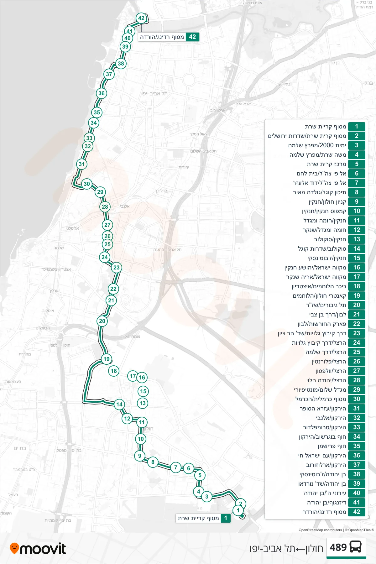 489  Line (Holon‎→Tel Aviv-Yafo) route and stops on a map