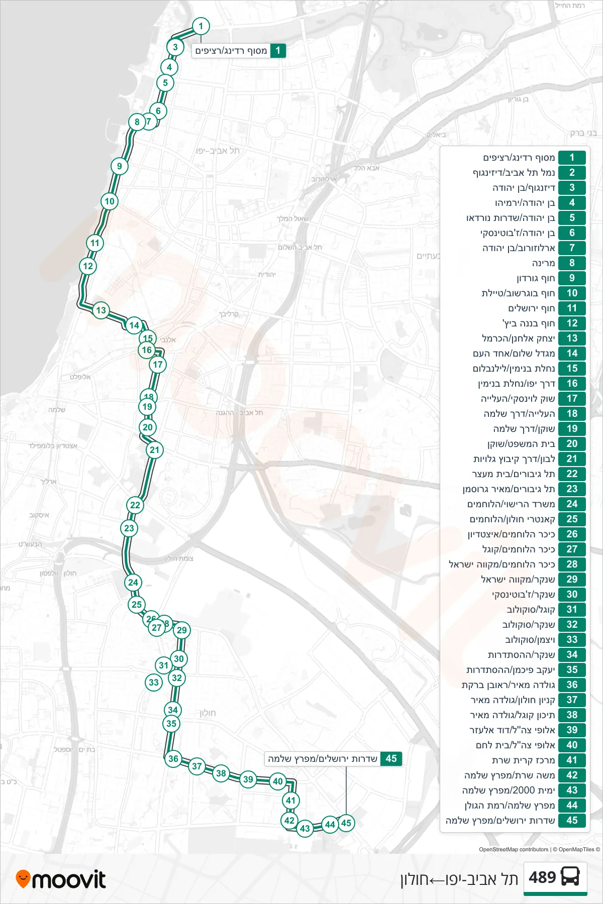 489 bus Line (Tel Aviv-Yafo‎→Holon) route and stops on a map