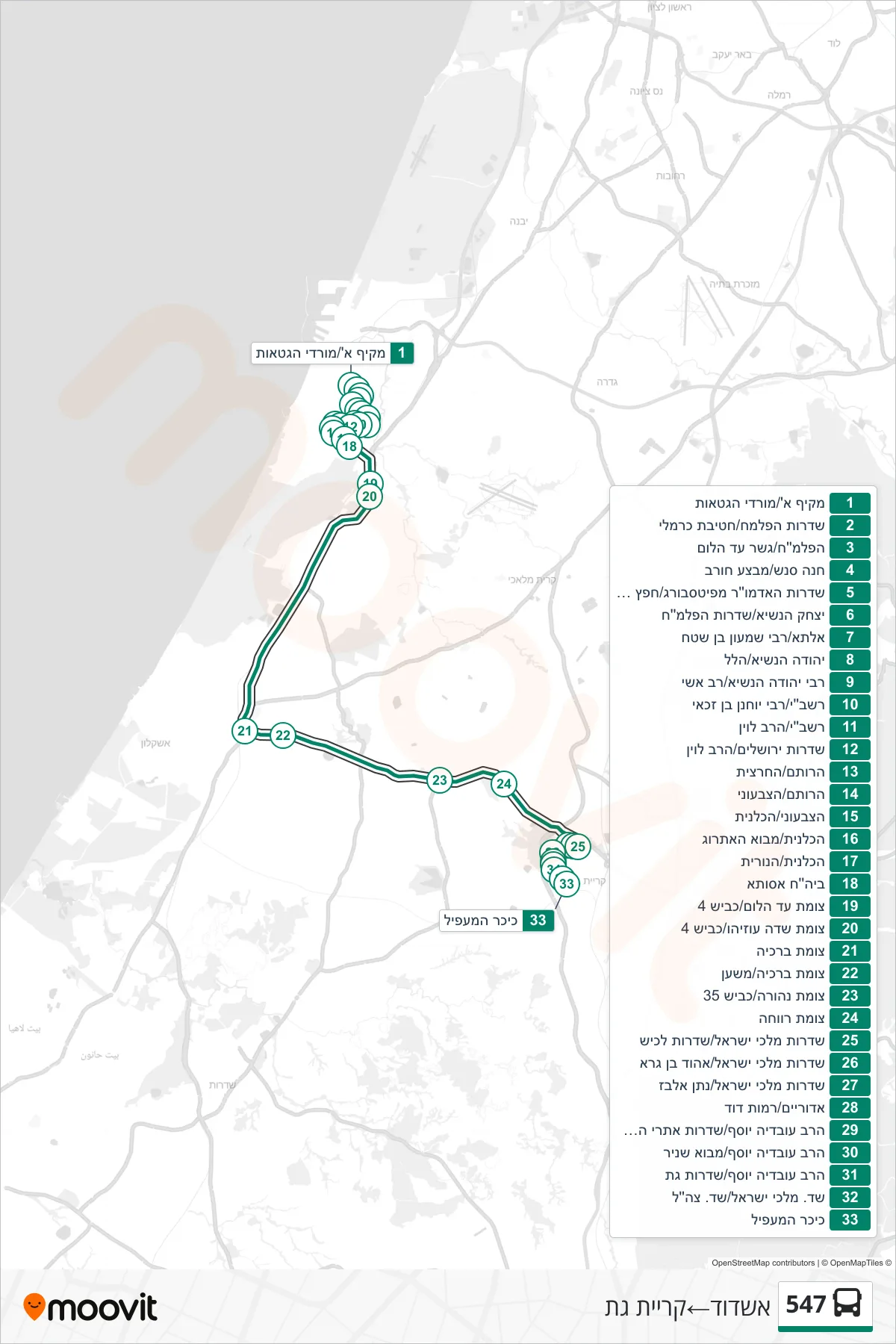 547  Line (Ashdod‎→Kiryat Gat) route and stops on a map