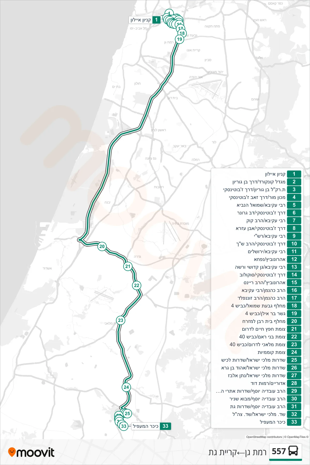 557  Line (Ramat Gan‎→Kiryat Gat) route and stops on a map