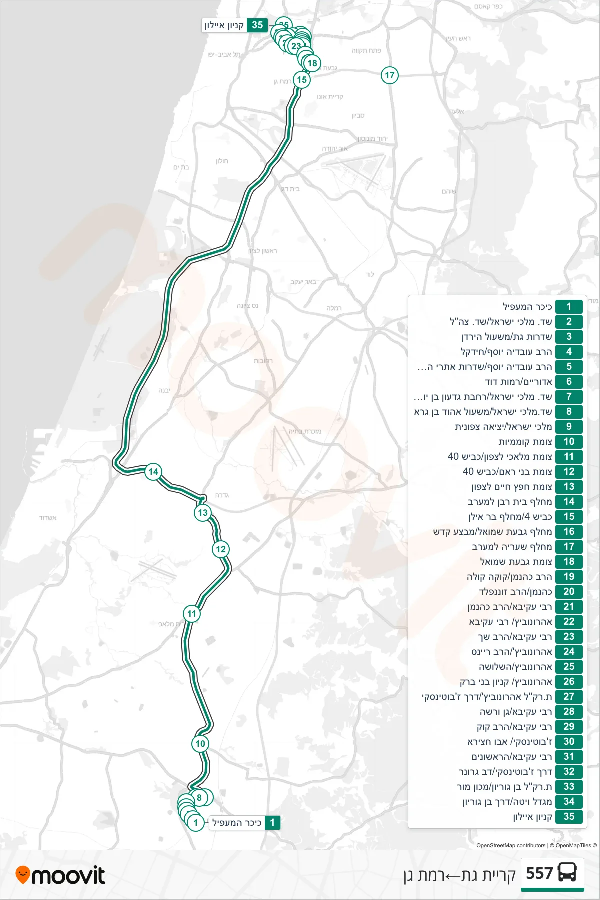 557 bus Line (Kiryat Gat‎→Ramat Gan) route and stops on a map