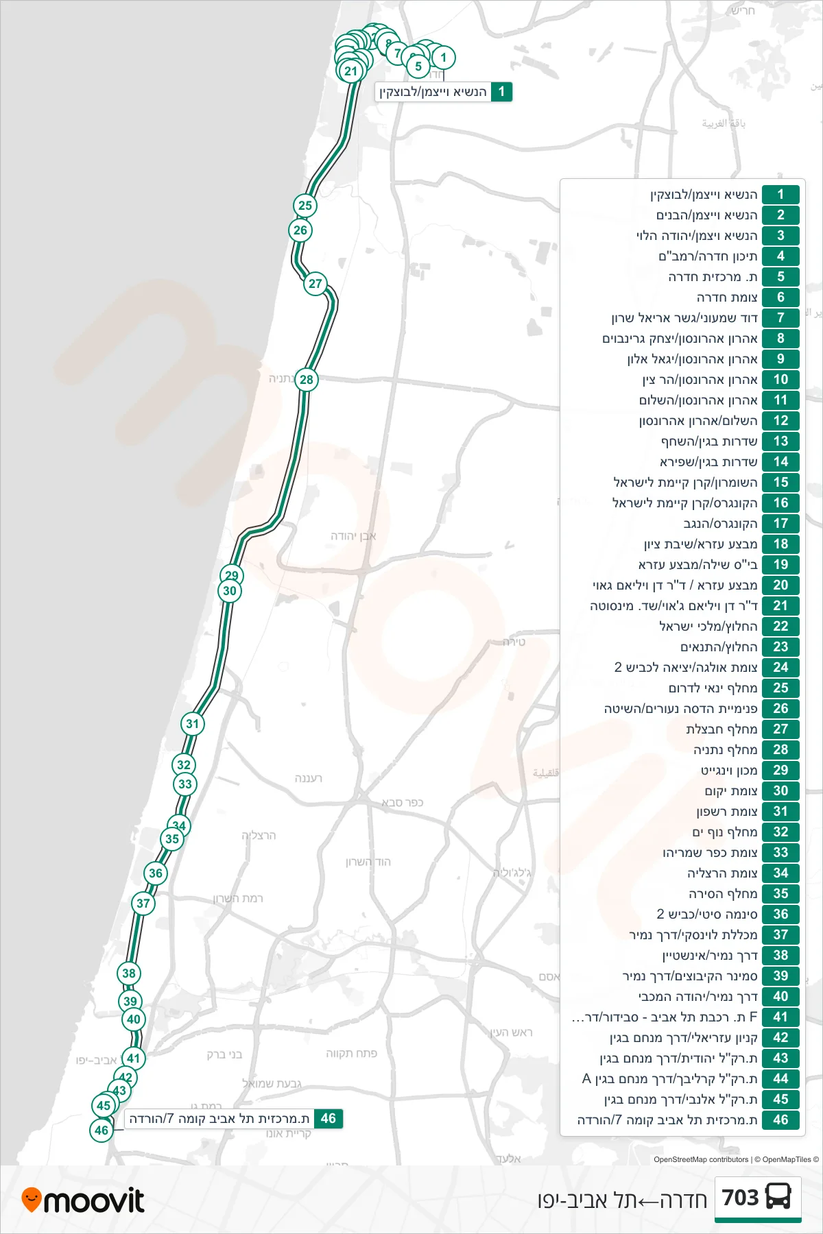 703 bus Line (Hadera‎→Tel Aviv-Yafo) route and stops on a map