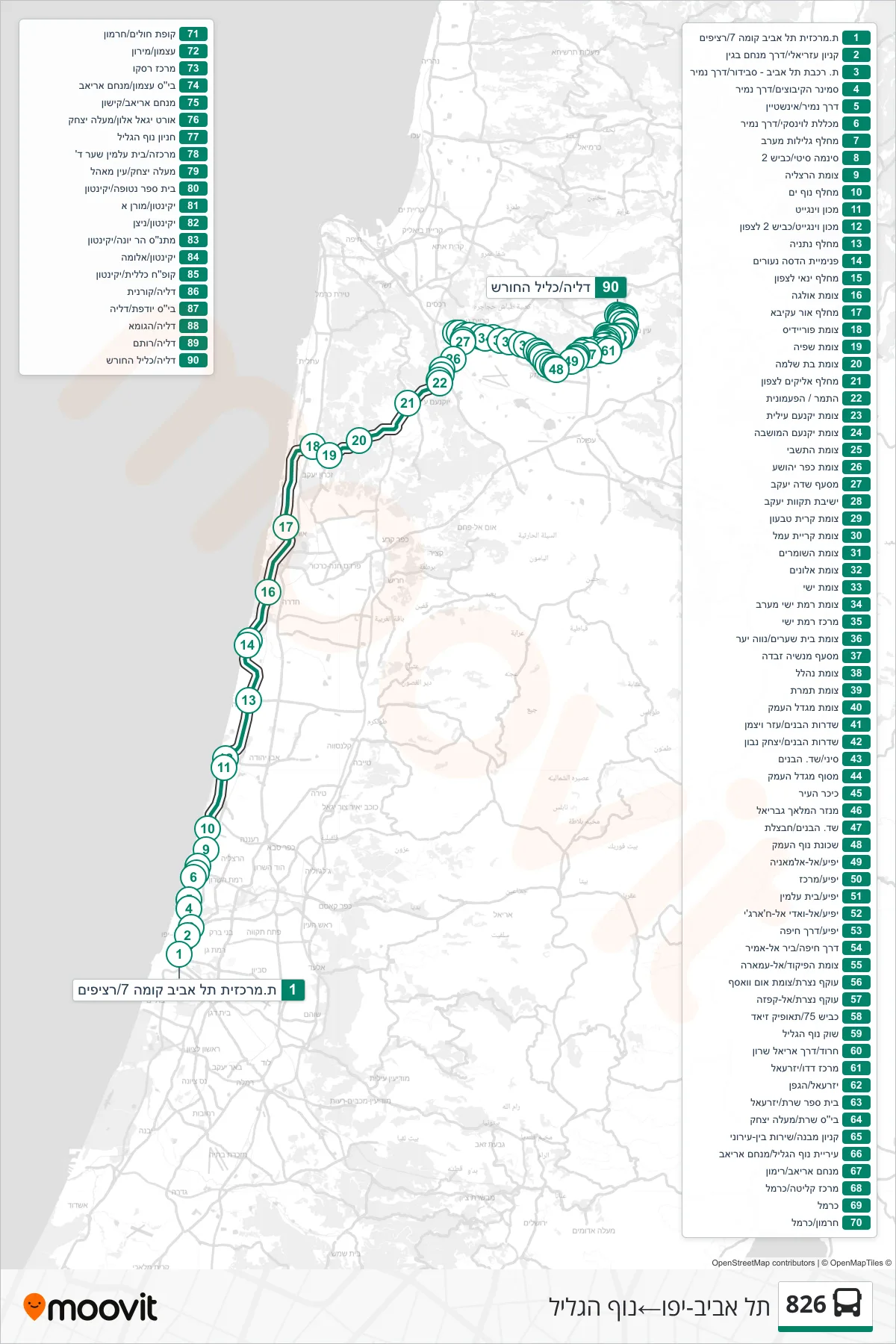 826 bus Line (Tel Aviv-Yafo→Nof HaGalil) route and stops on a map