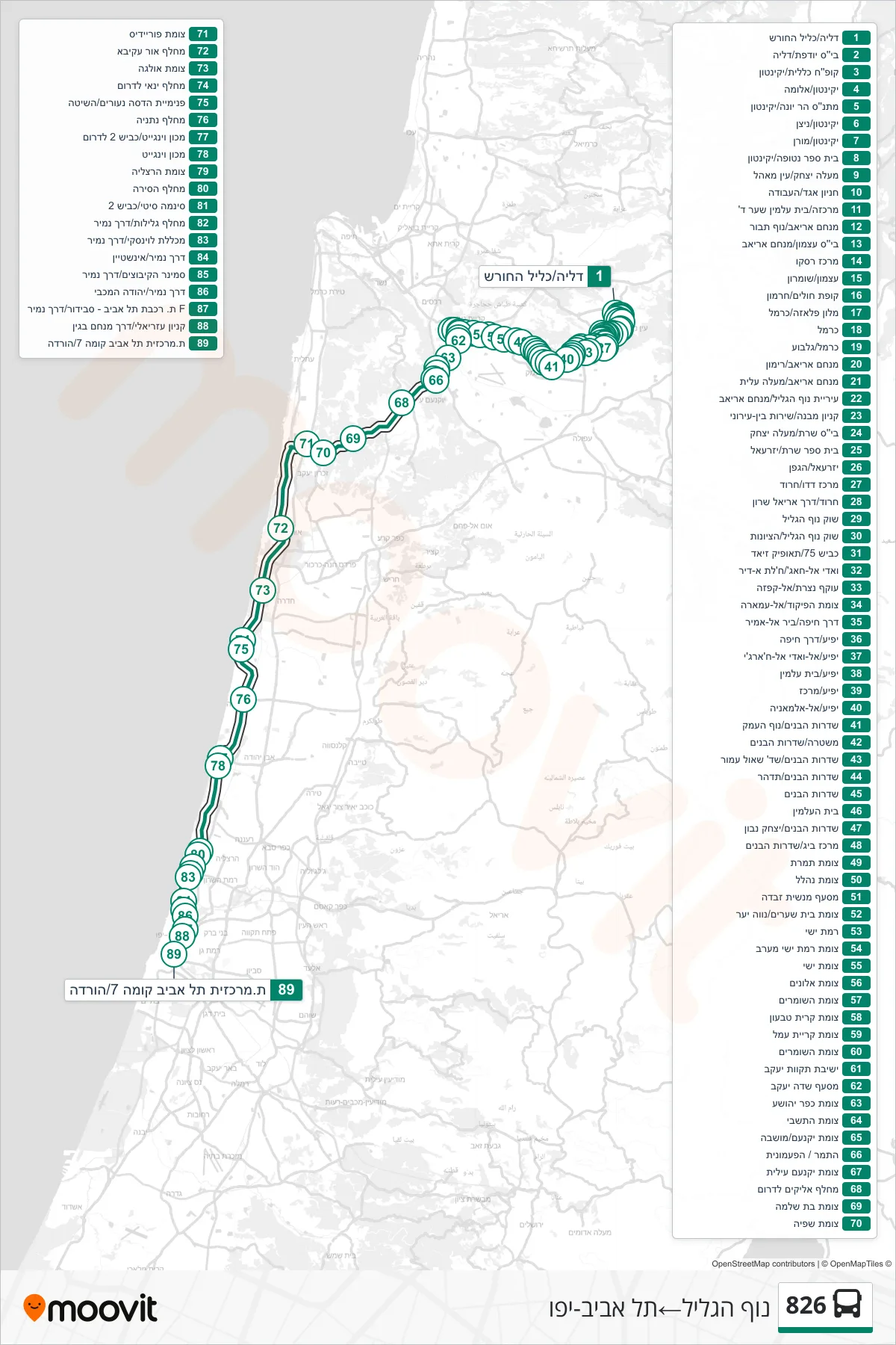 826 bus Line (Nof HaGalil→Tel Aviv-Yafo) route and stops on a map